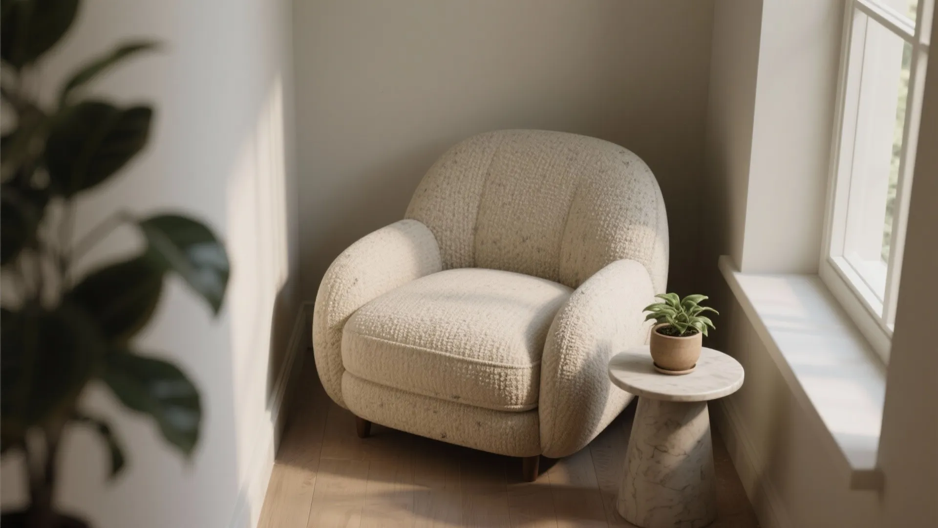 Round textured cream armchair placed in a sunny room corner beside a marble side table
