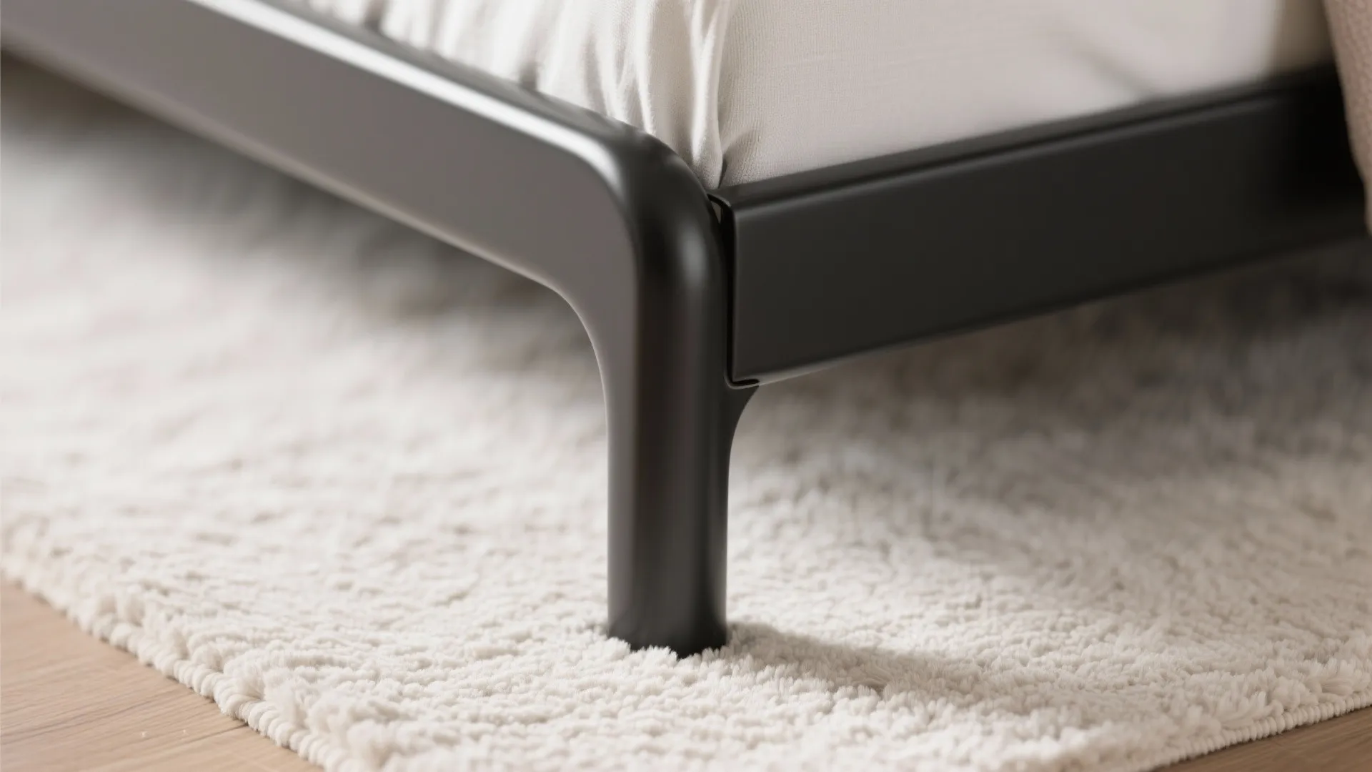 Close-up of a rounded steel bed corner with a slim powder-coated rail.