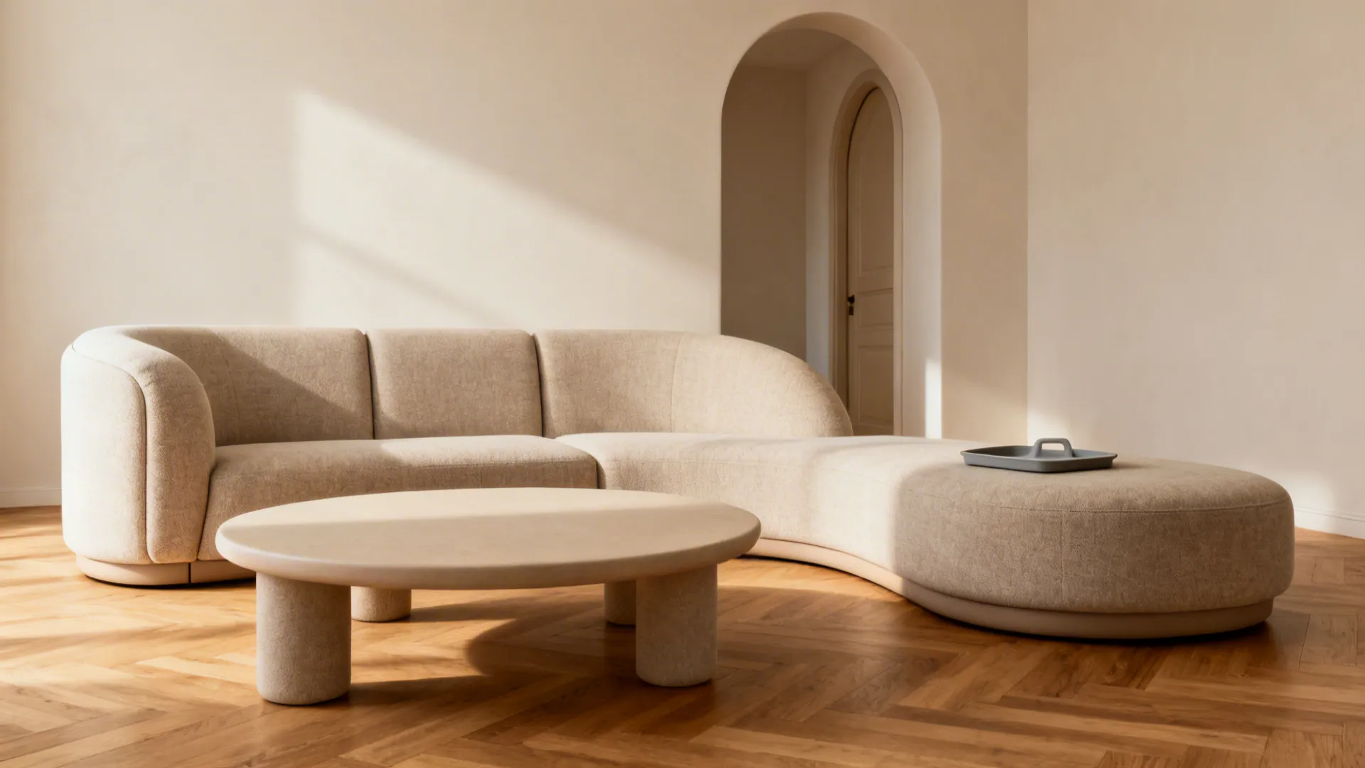 Curved beige sofa and round coffee table on wood floor in room with arched doorway