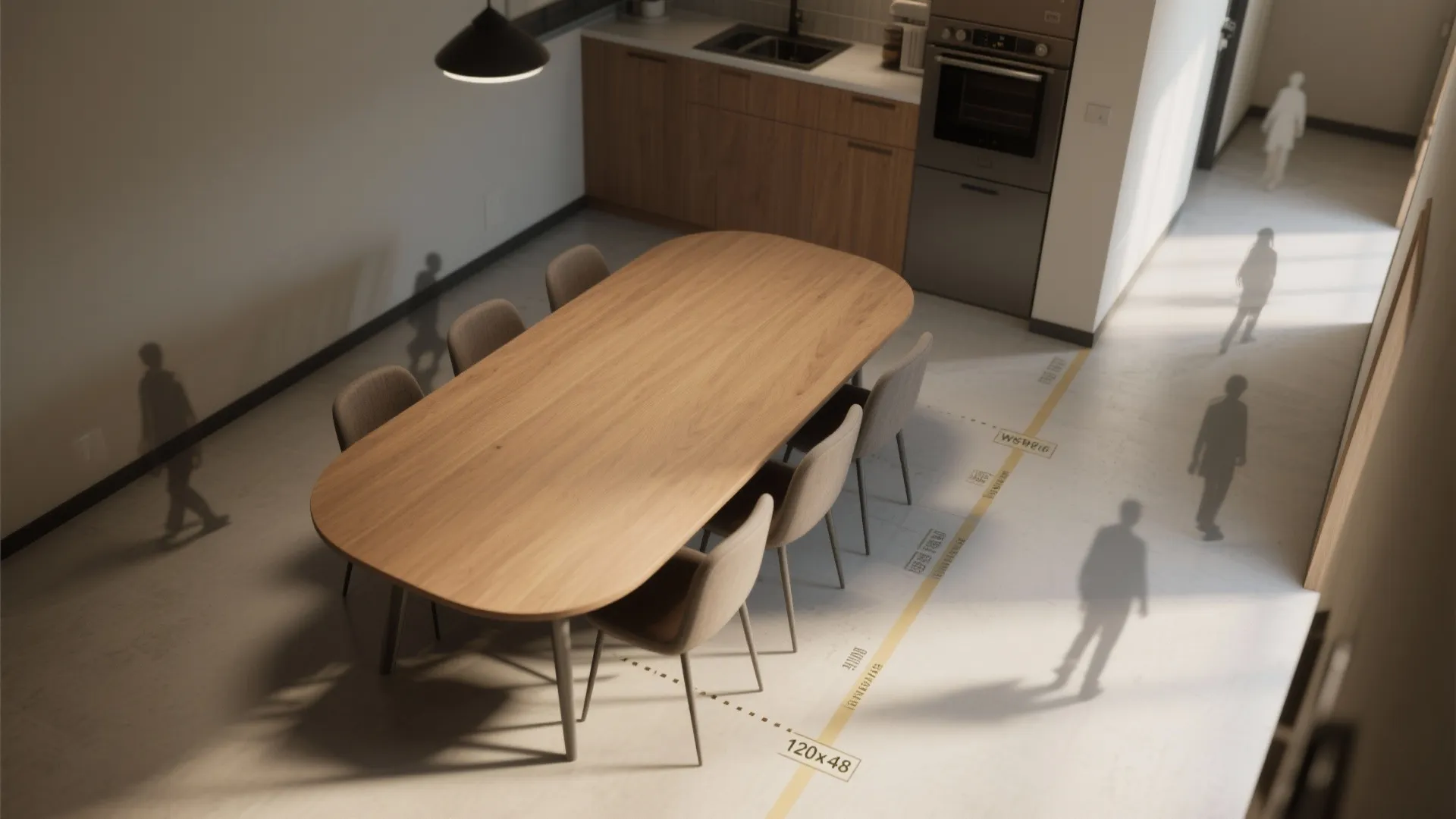 Oval wood dining table with chairs and floor markings showing room layout and walking space
