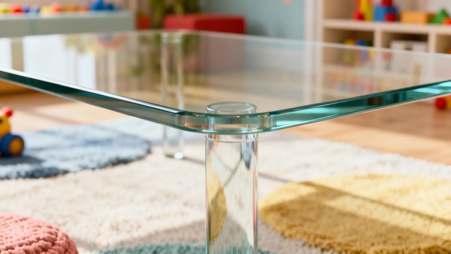 Tempered glass coffee table with rounded edges for safety in family homes.