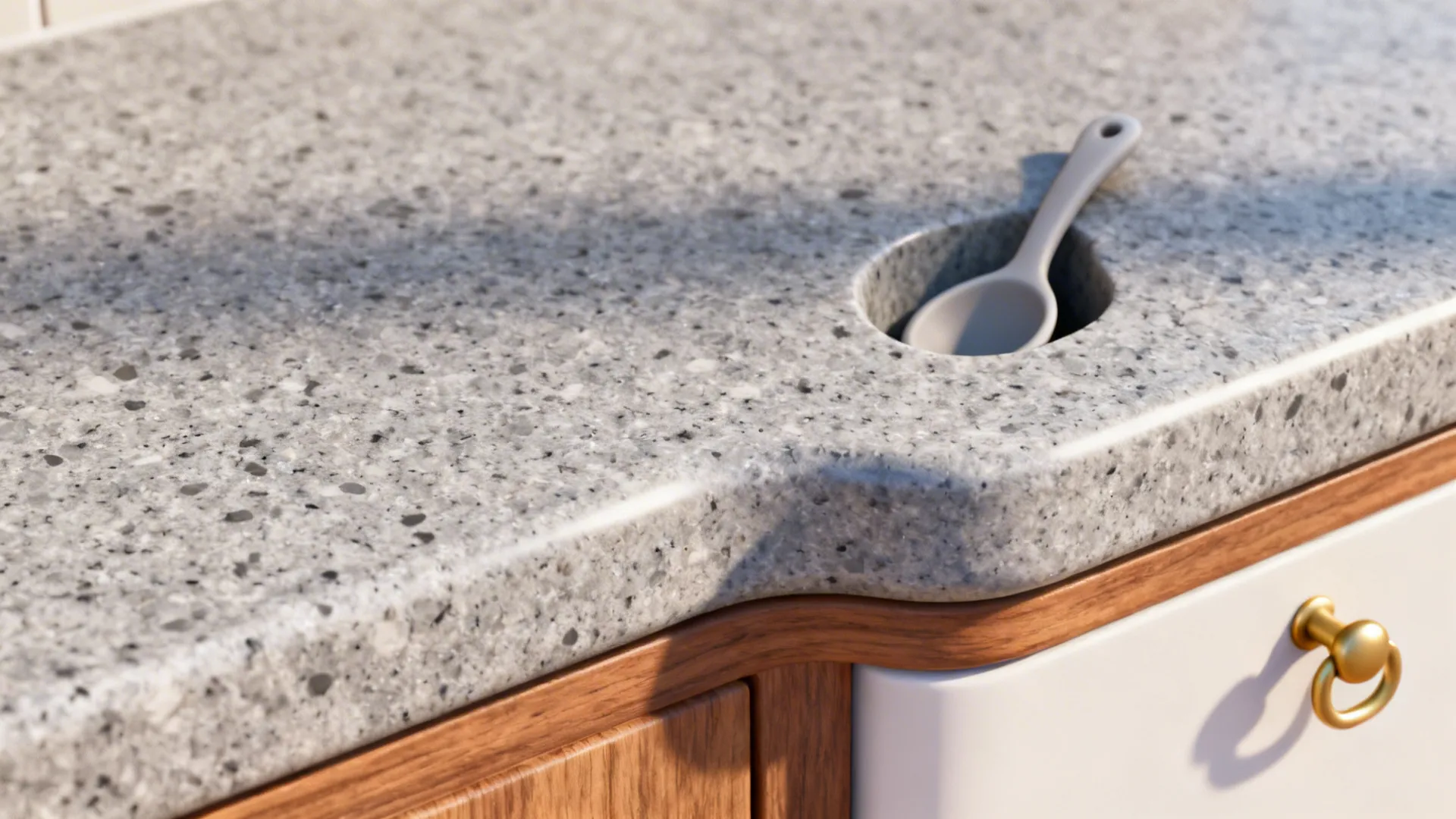 Rounded granite counter edge with a small ladle niche, shown as a clean cartoon-style detail.