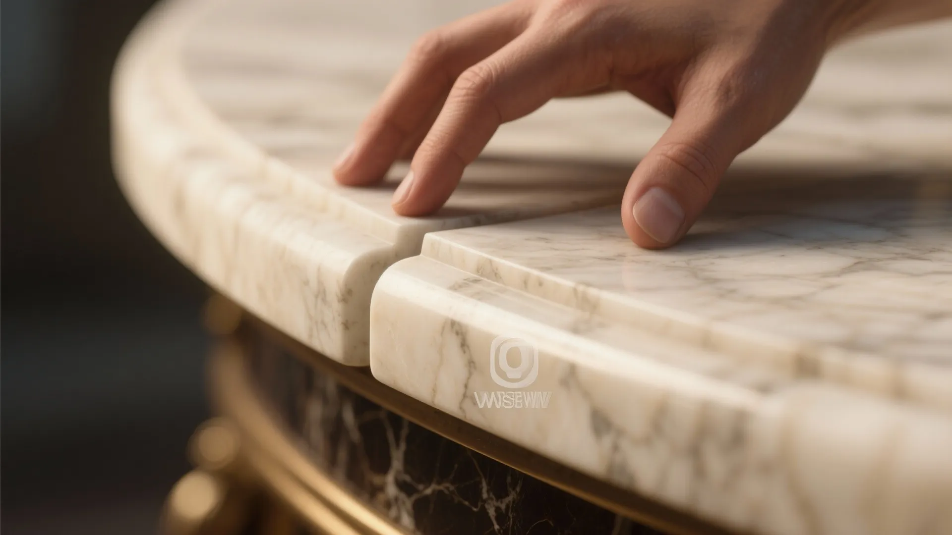 Hand touching rounded edges of white marble table top with grey veins and dark base