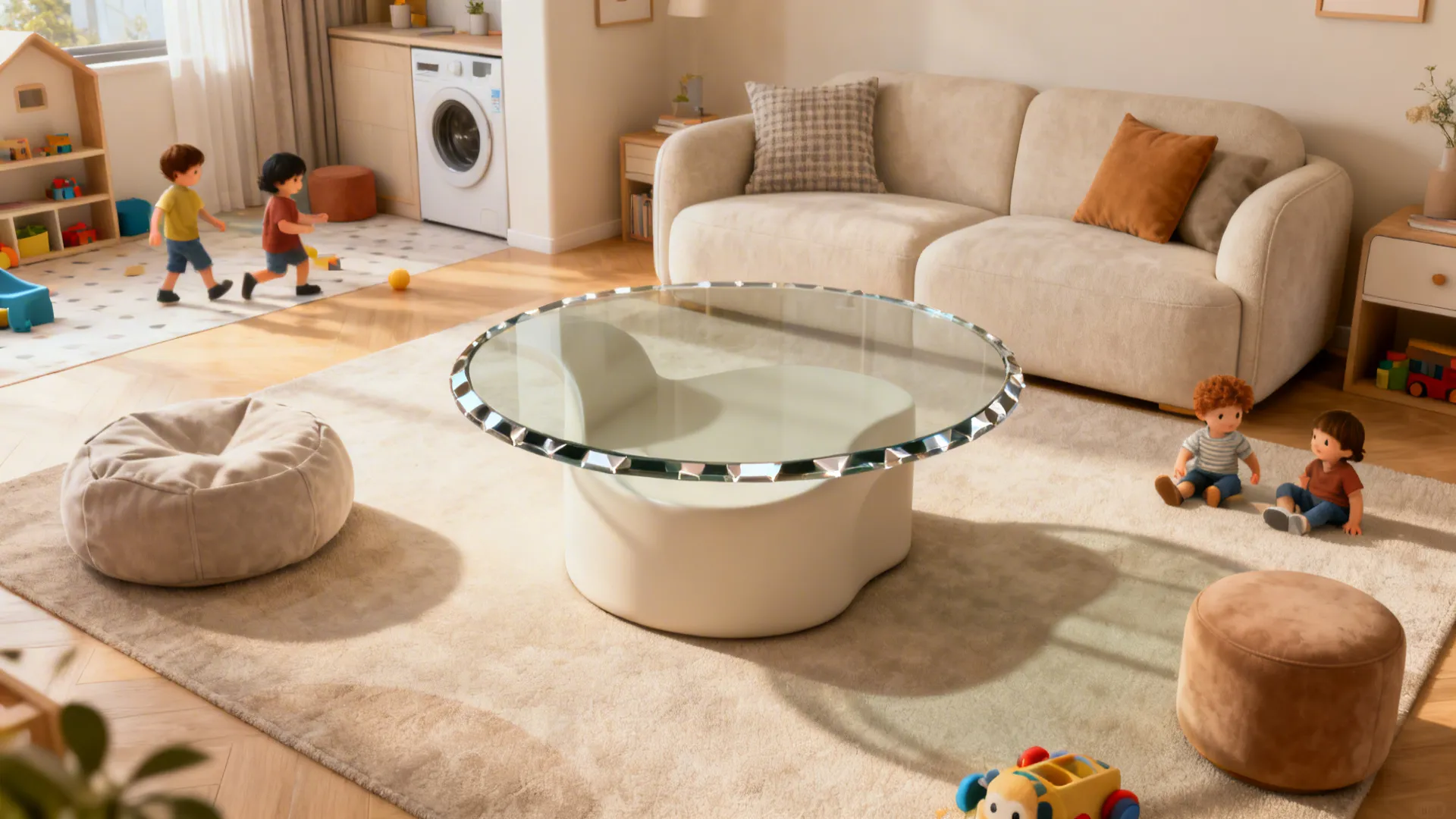 Small living room with a round beveled glass coffee table providing safe flow and friendly circulation.