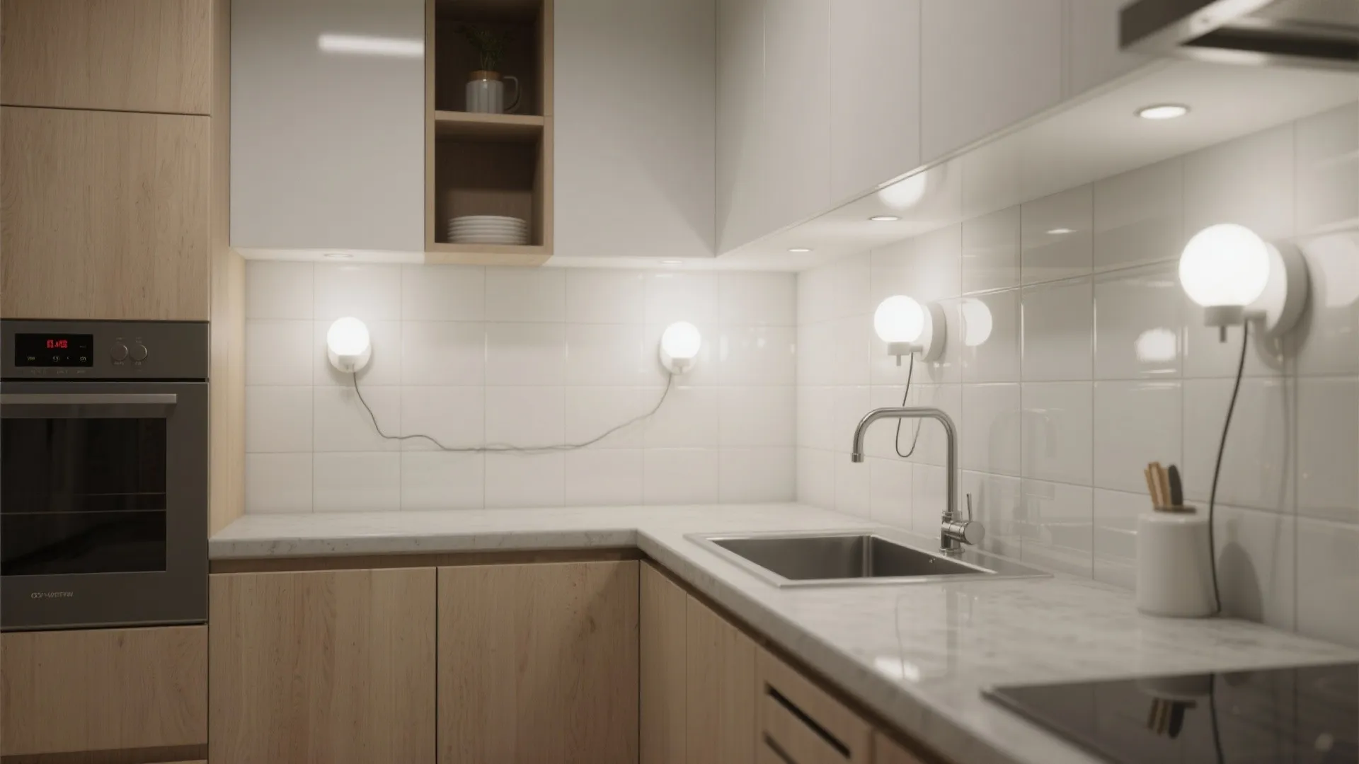 Rounded LED sconces in kitchens for glare-free task layers