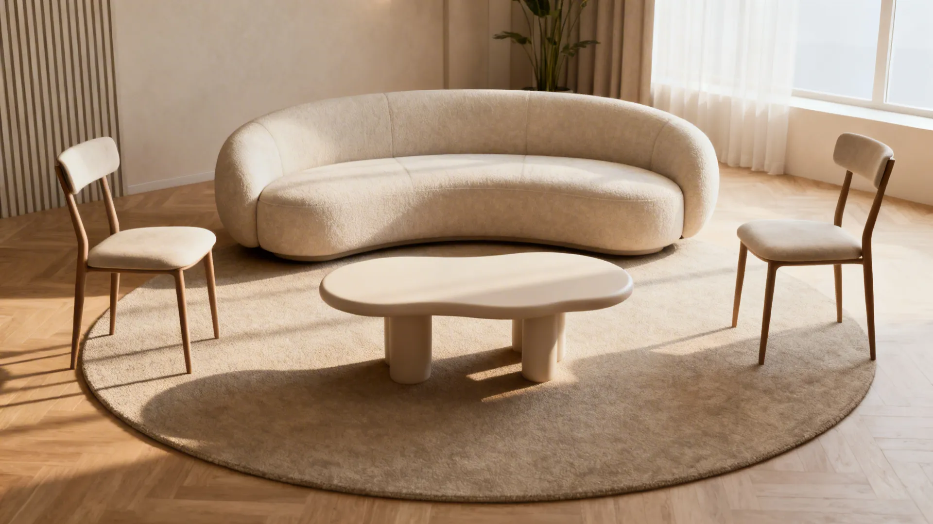 Compact living room with rounded loveseat and circular seating arrangement for intimate flow.