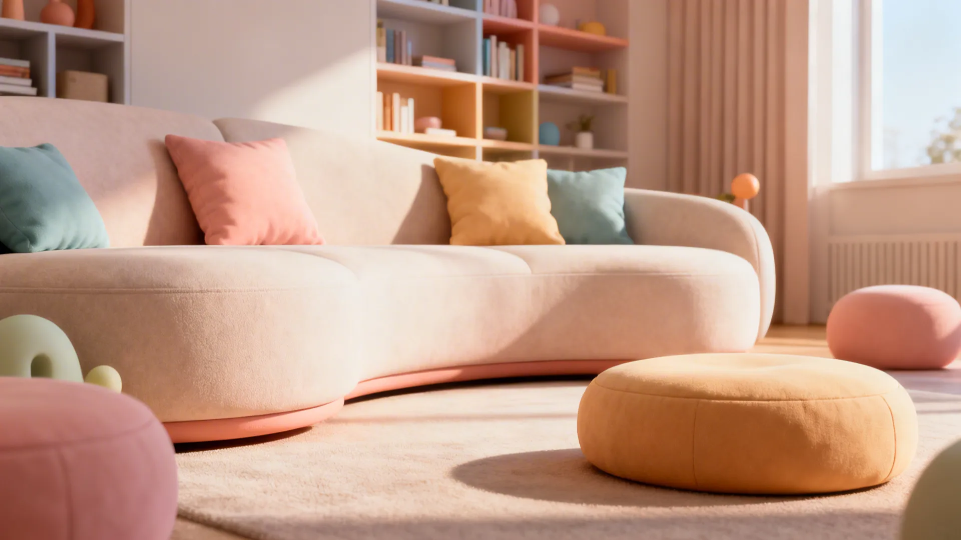 Rounded low-profile sofa and poufs in pastel colors that lower sightlines and feel playful.