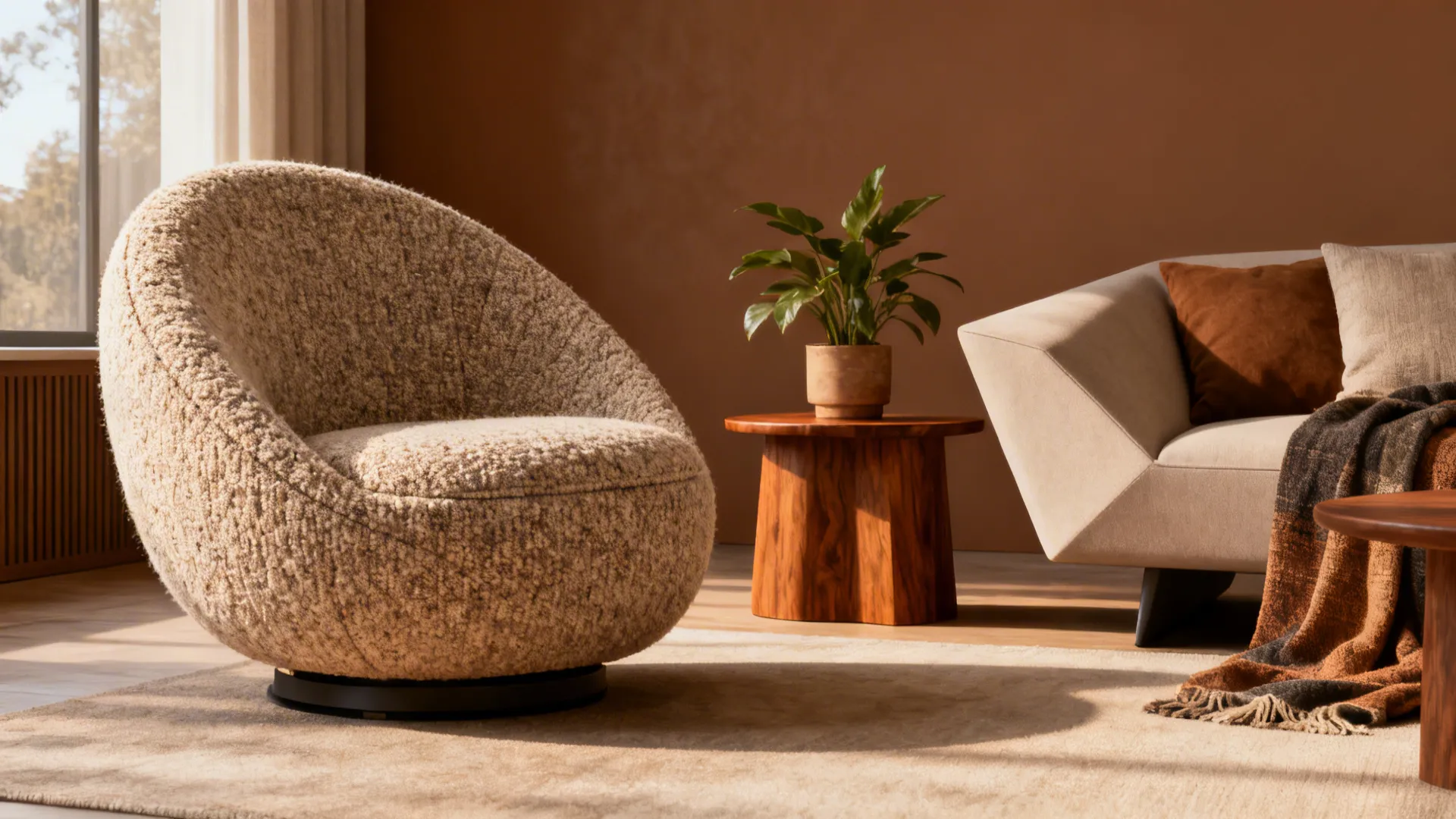 Rounded mid-century swivel accent chair in boucle fabric next to a sleek sofa in a cozy living nook.