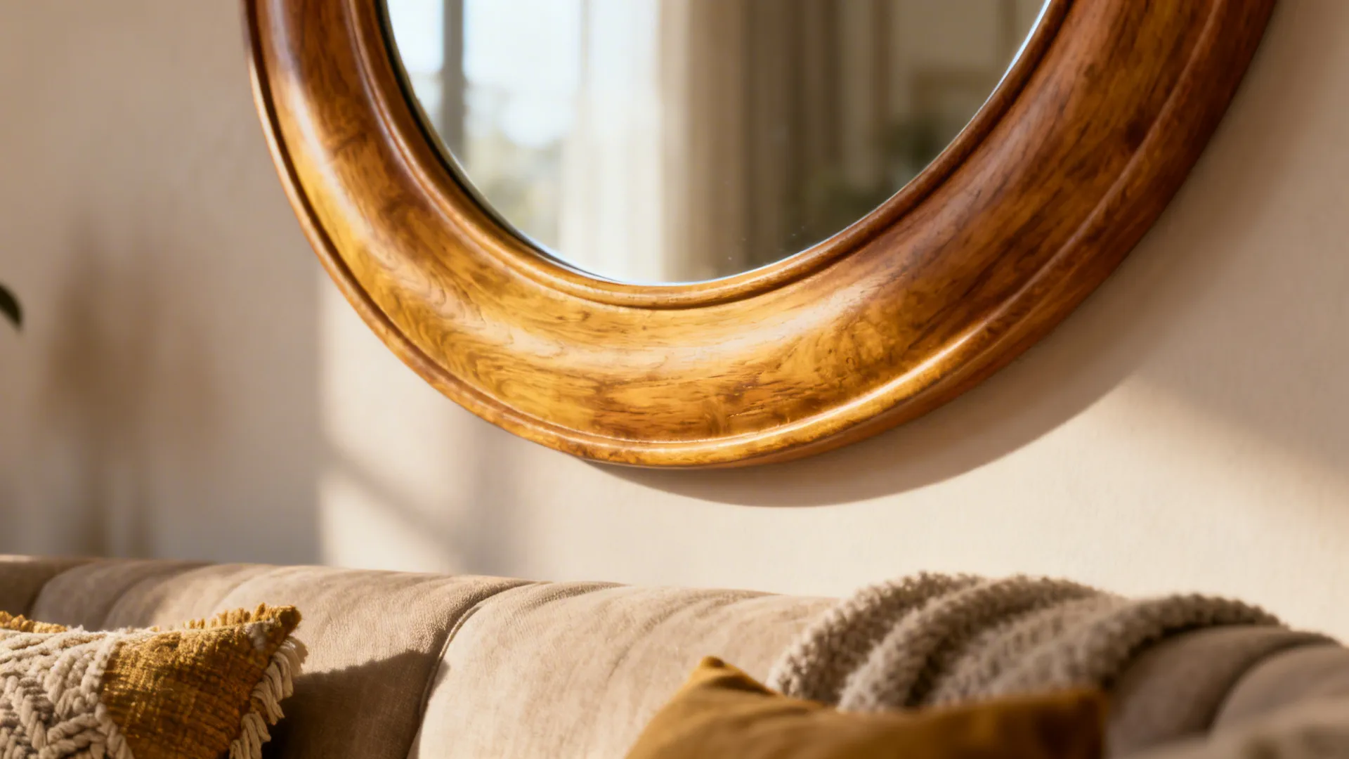 Close-up of an oval wooden-framed mirror above a sofa, showing soft edges and warm textures.
