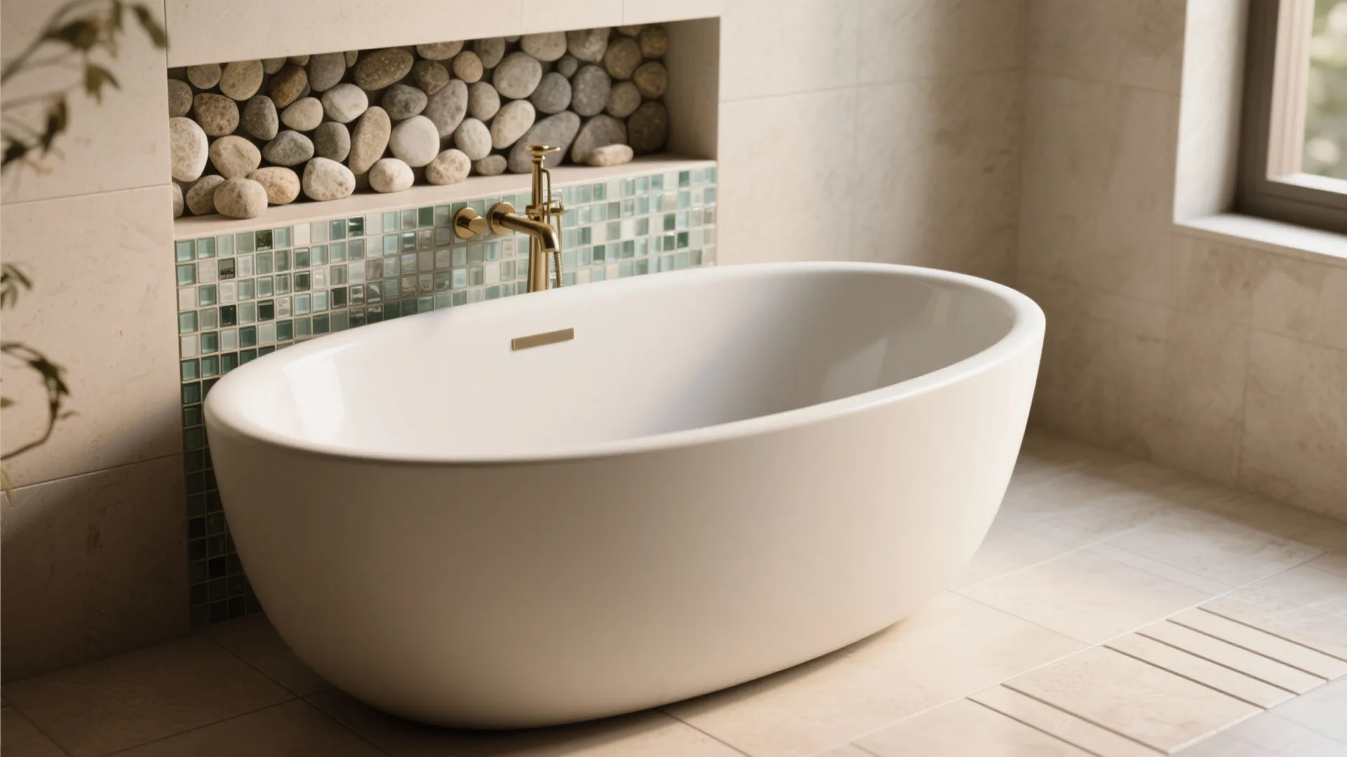 3. Soften with Curves: Rounded Tub + Mosaic Niche