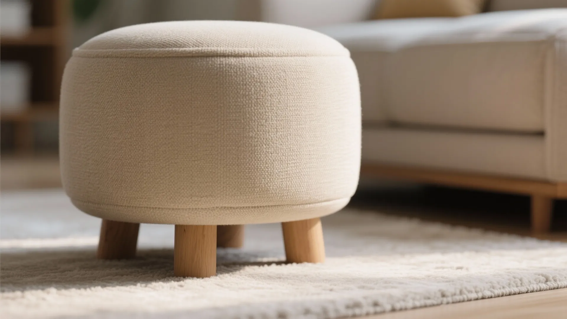 Rounded fabric ottoman in a kid-safe modern living room