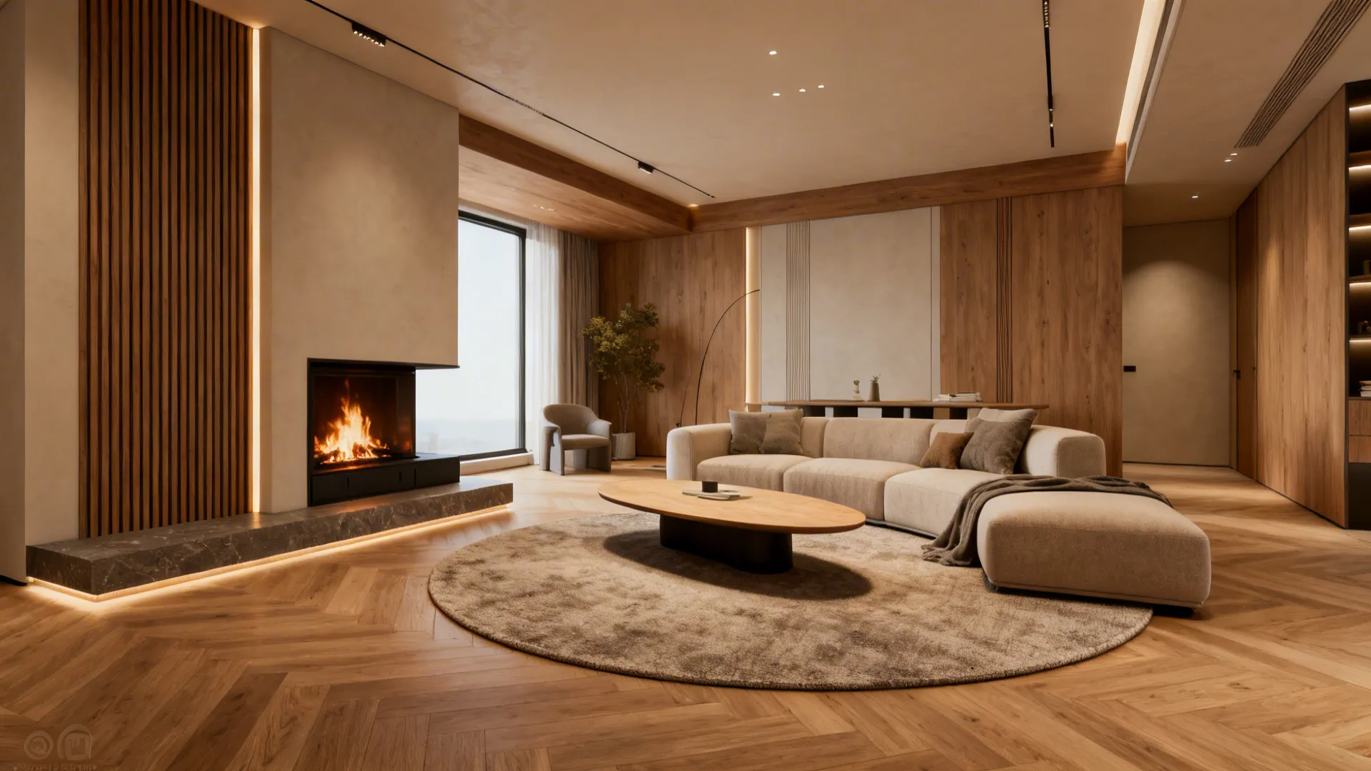 Living area with rounded rug and oval coffee table in front of a corner fireplace
