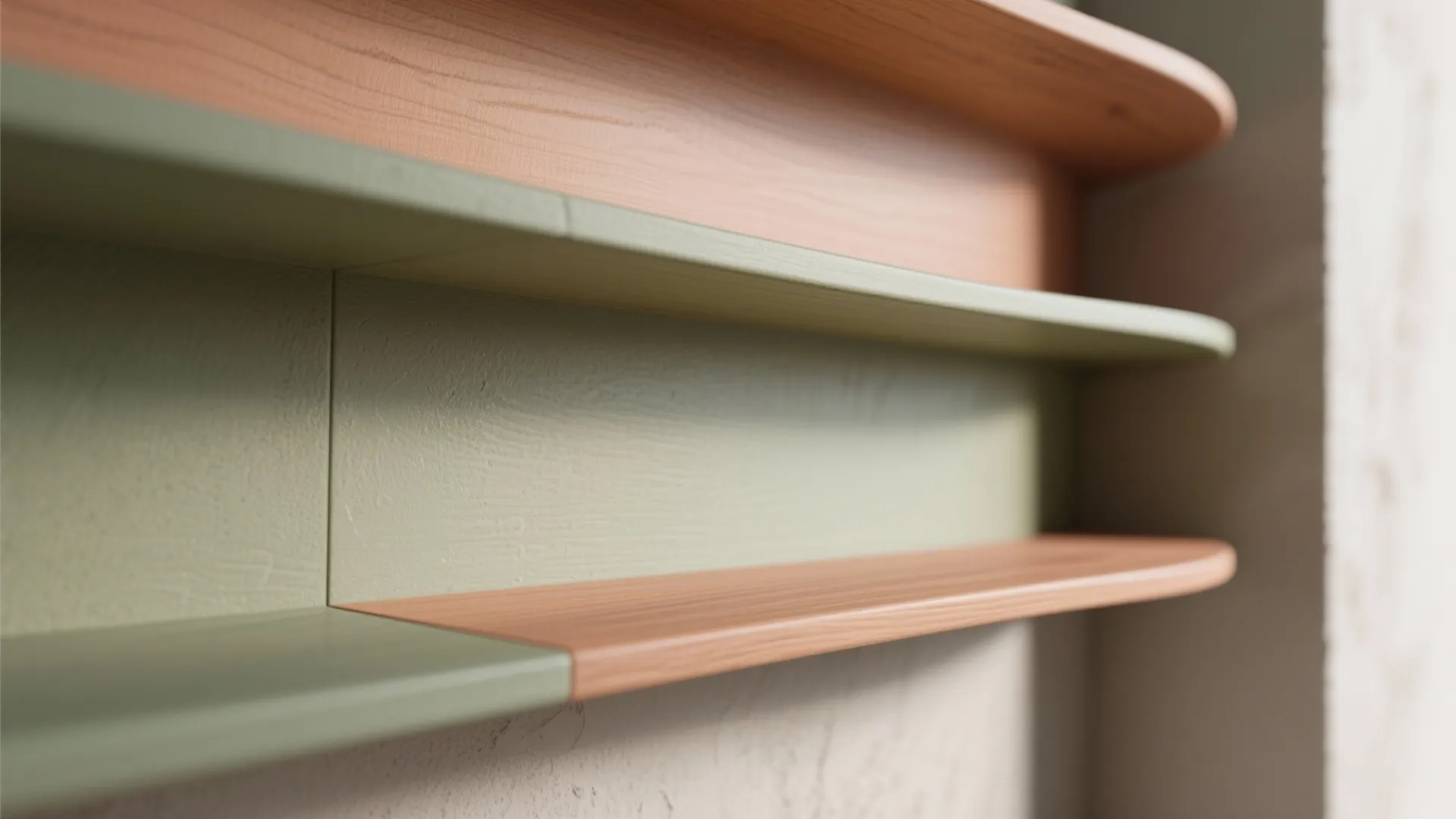 Modern wall shelves with rounded edges in green and light wood tones on a textured wall
