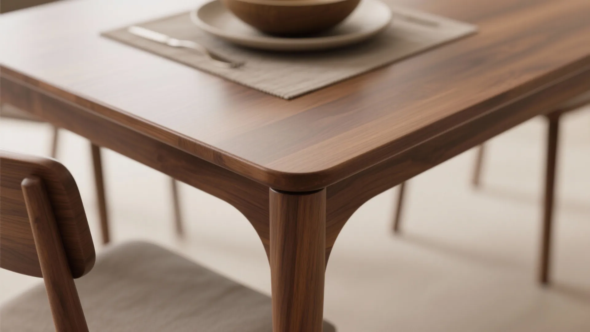 Close up of a dark wood dining table with rounded corners and matching wooden chair set