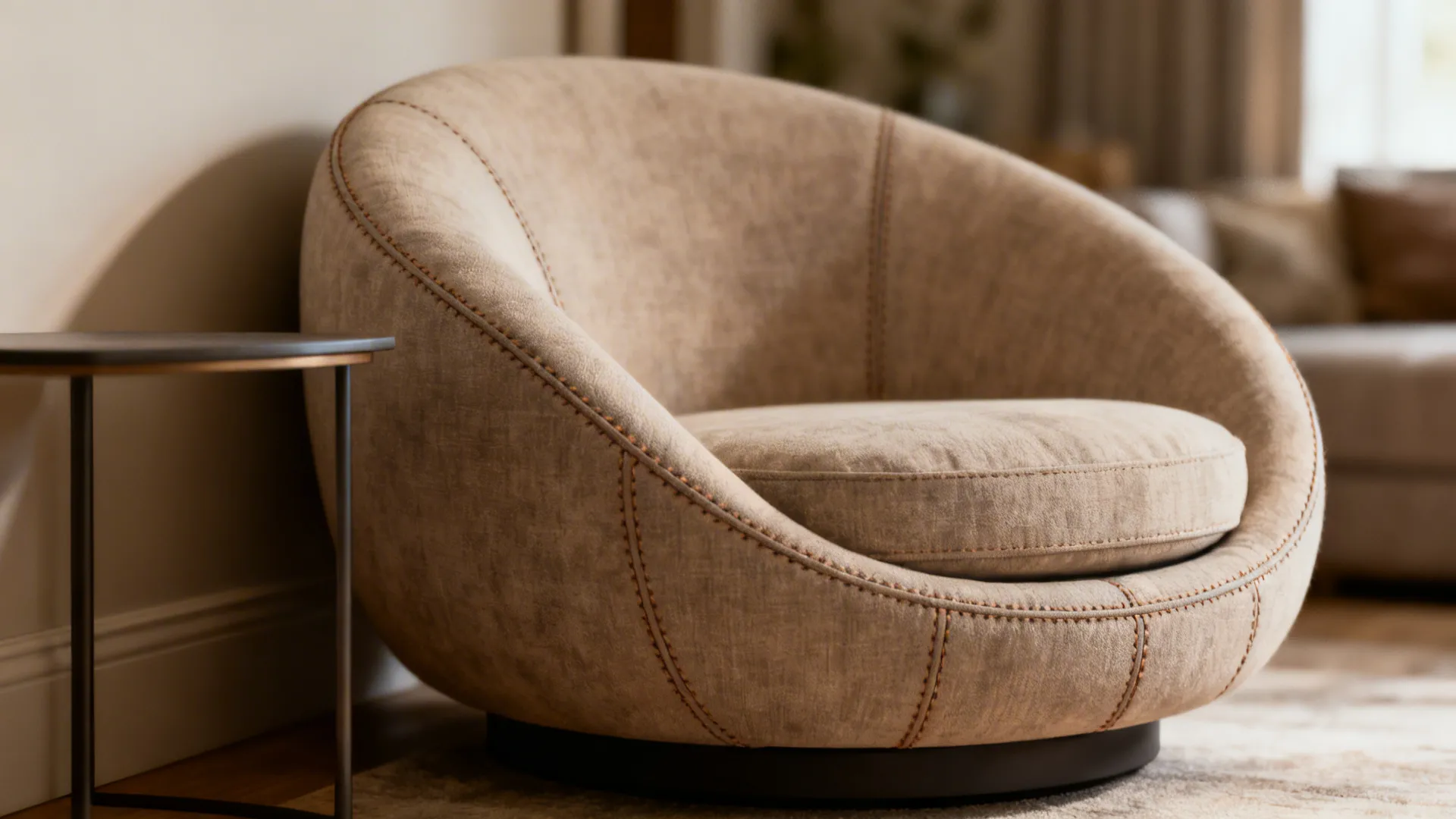 Close-up of a compact rounded swivel chair showing curved silhouette and upholstery texture.