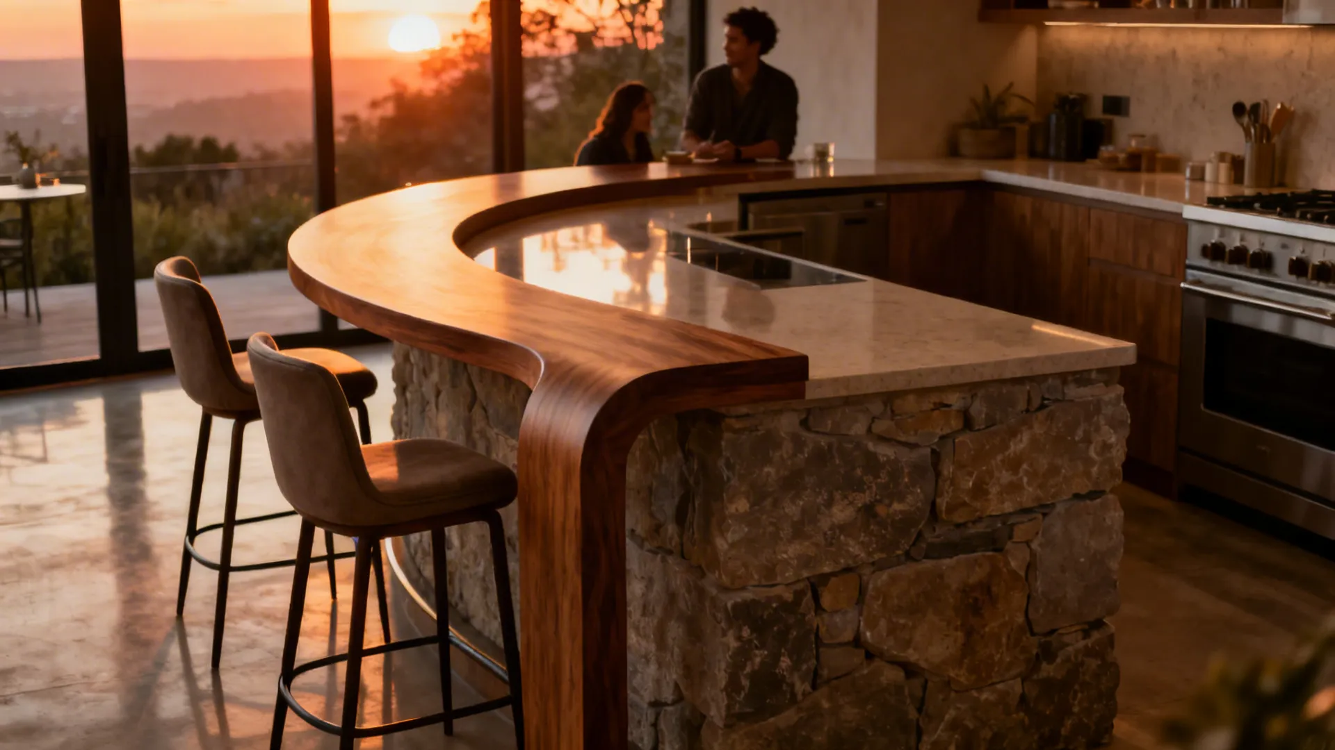 Rounded T-shaped island wing forming a social nook with three seats along a gentle arc.