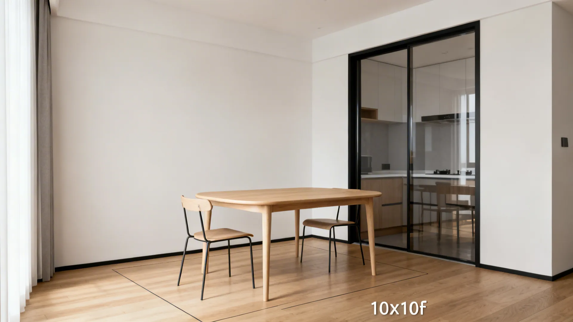 Slim rounded-corner light wood table in a small dining nook with clear walkways and soft daylight.