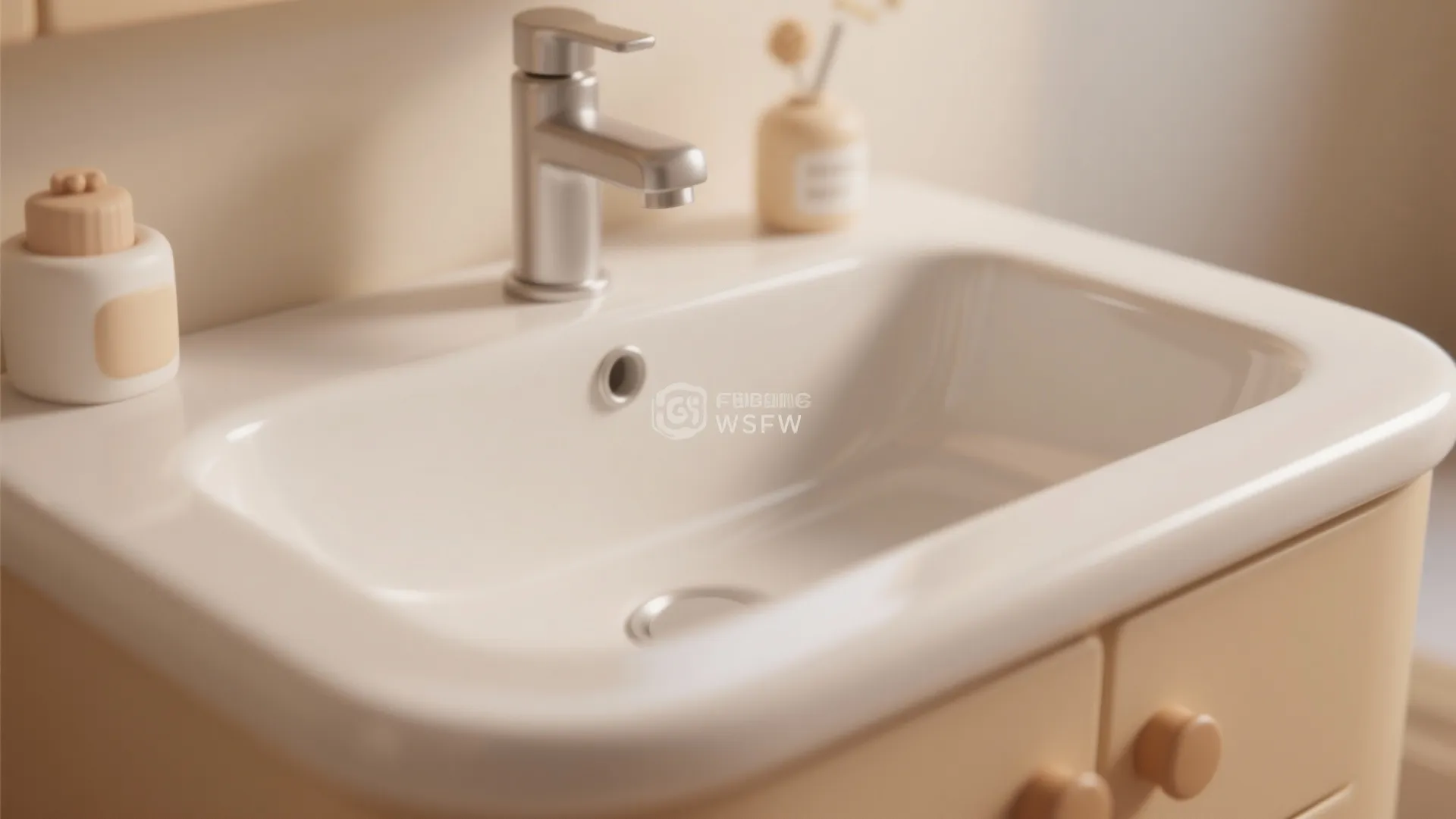 Cream colored bathroom sink with rounded edges and silver faucet on a beige wooden cabinet
