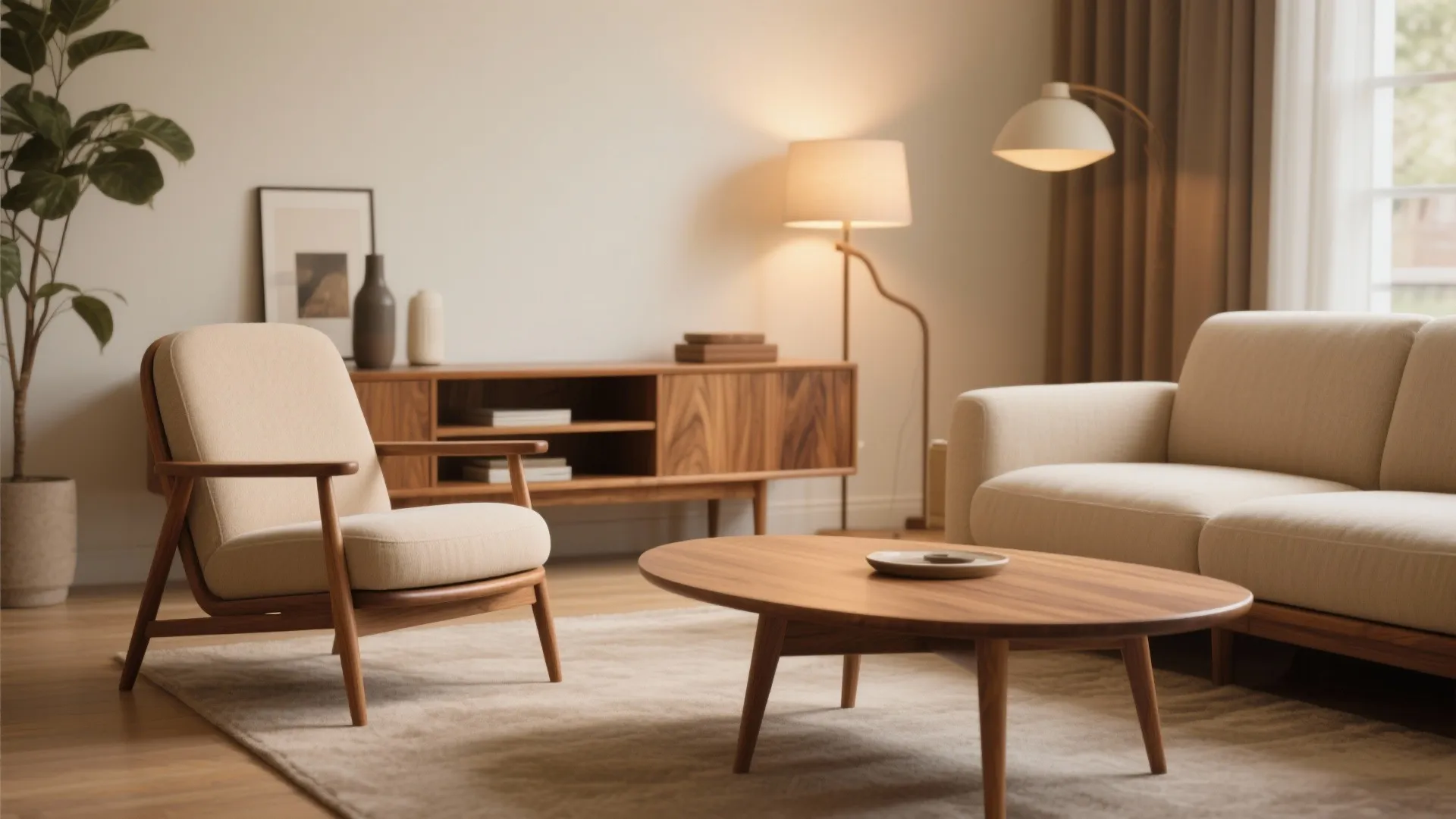 Modern living room with round wooden coffee table fabric armchair beige sofa and wooden cabinet