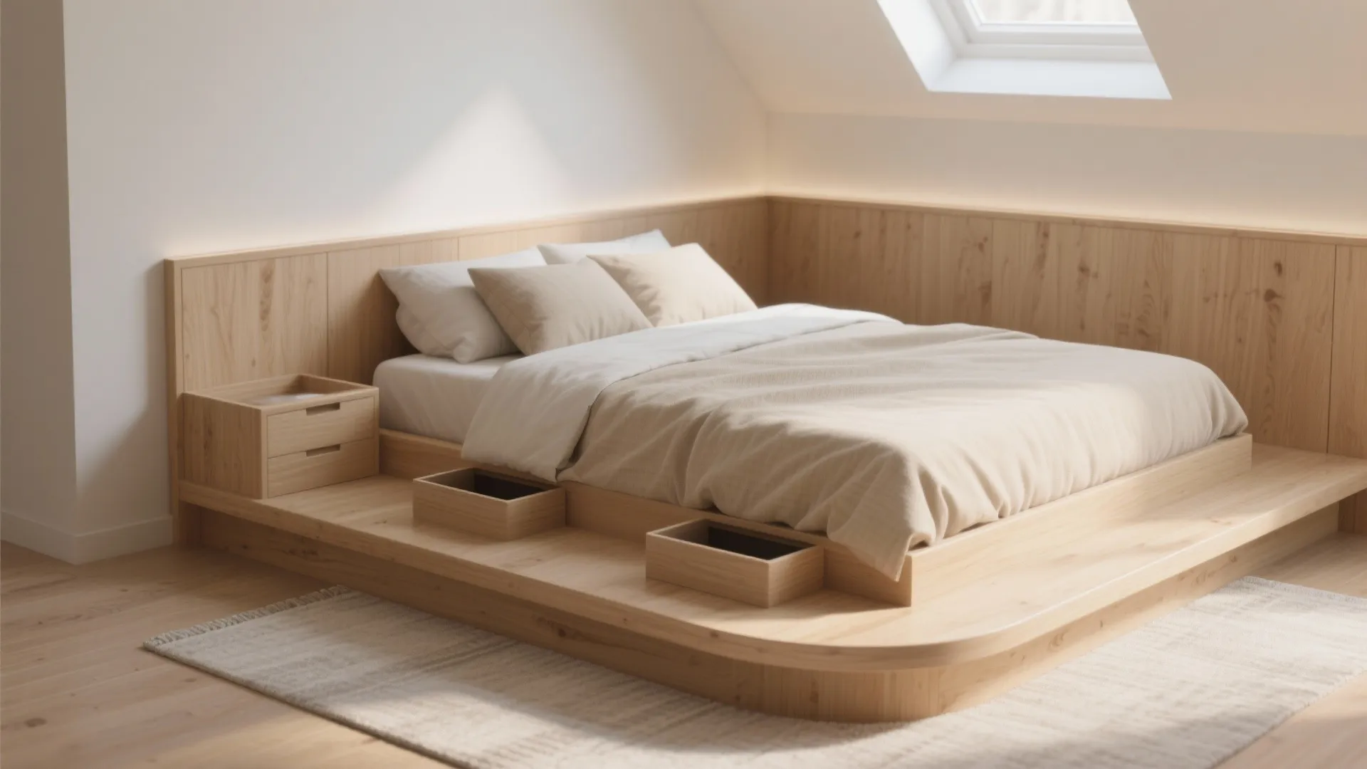 Modern wood bed frame with storage drawers and a roof window in a bright attic