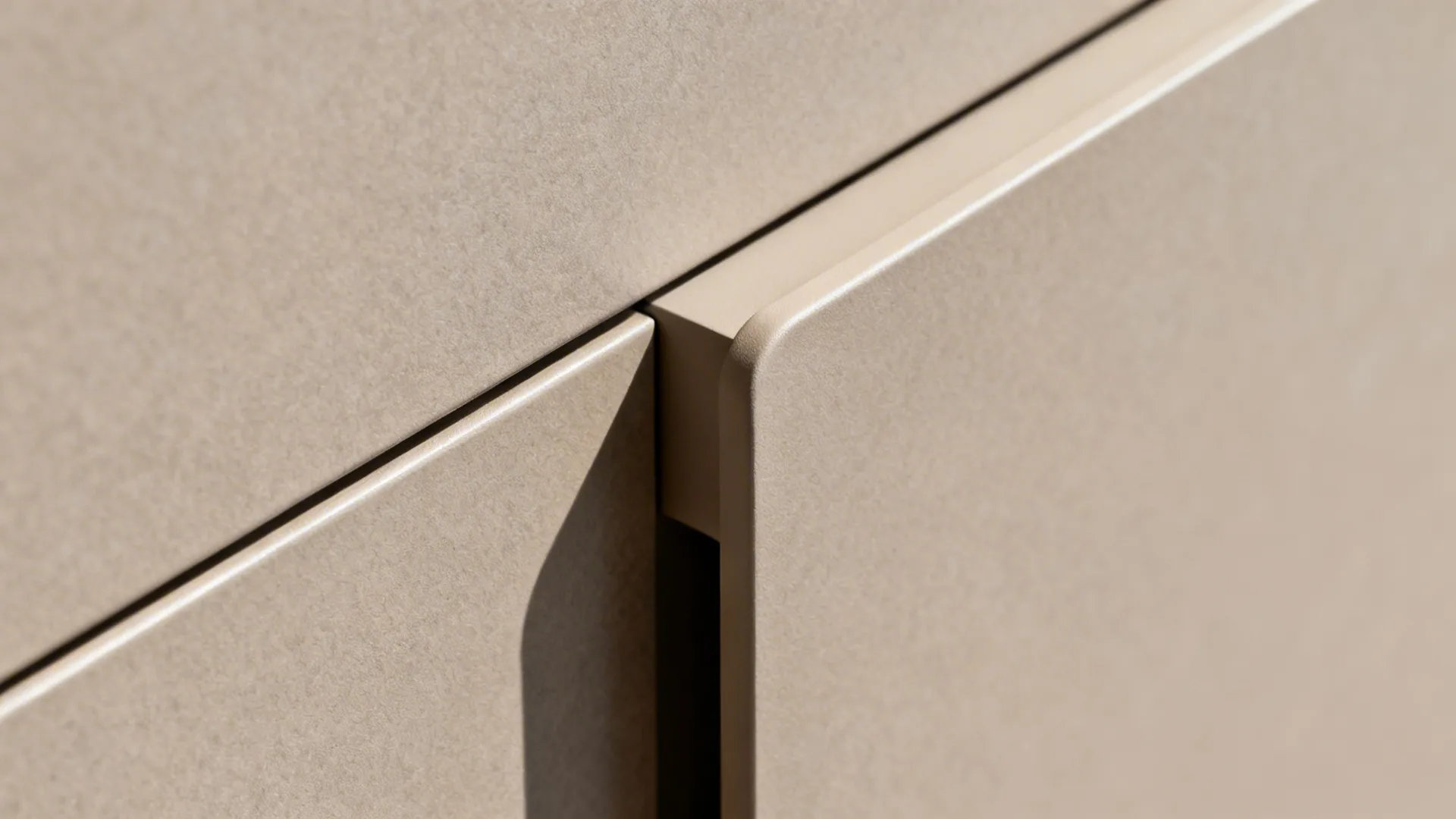 Macro view of a routed edge pull on a matte cabinet door in a DK kitchen.