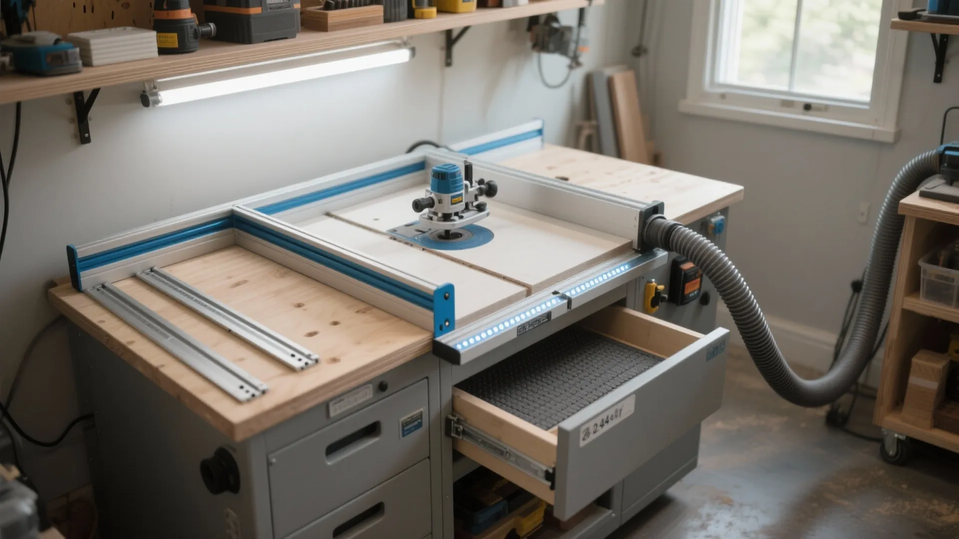 Woodworking machine on a wooden workbench with blue guides and grey vacuum hose in room