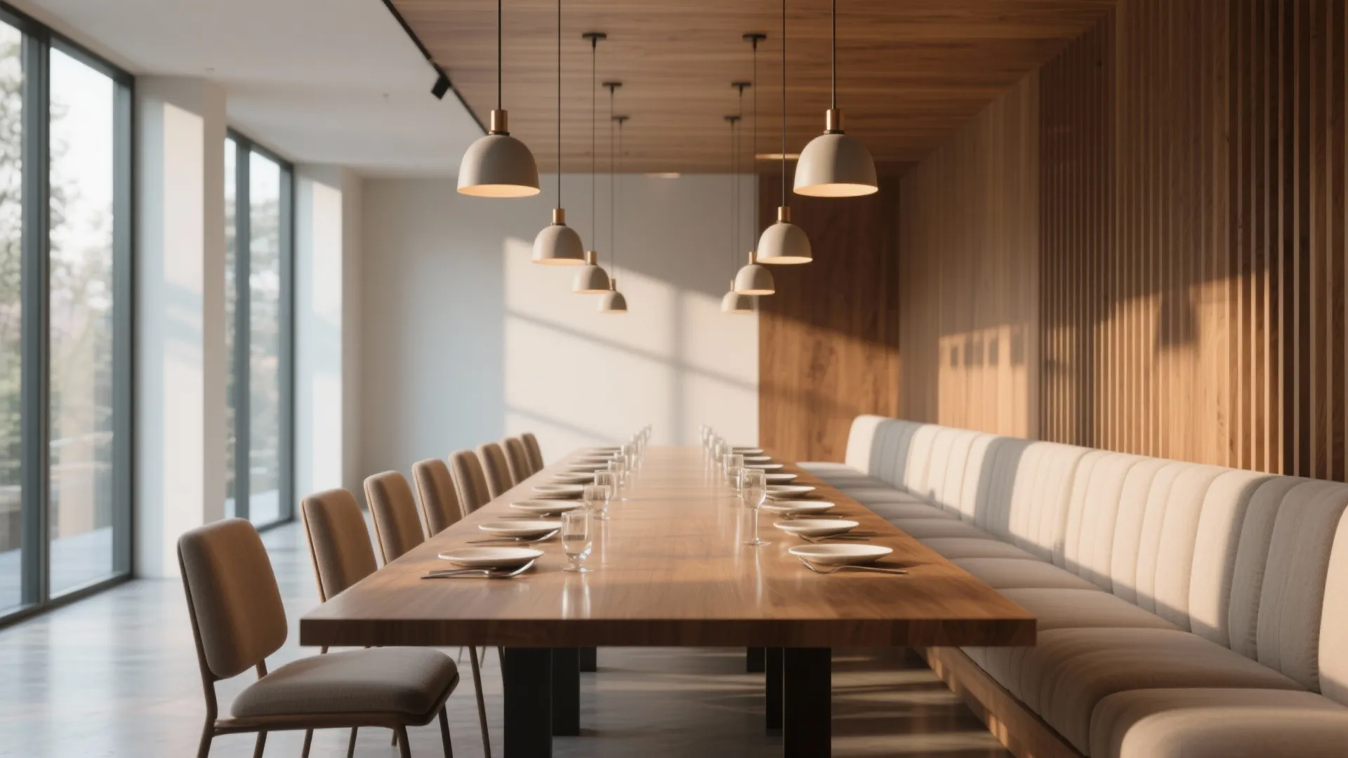 Long dining table lit by an evenly spaced row of mini pendants above banquette seating.