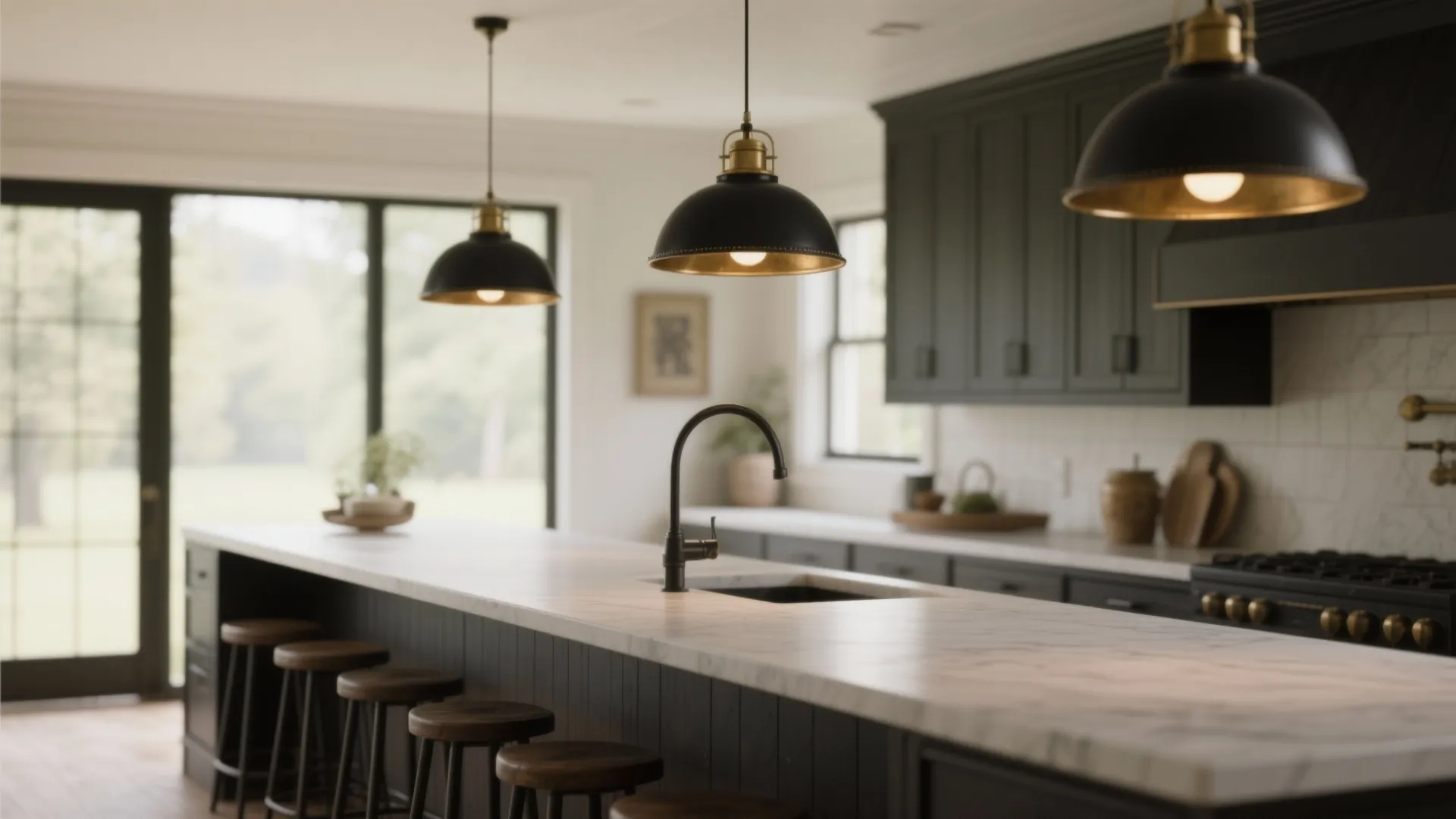 Modern kitchen island with marble top, wooden bar stools, black ceiling lights, and dark cabinets