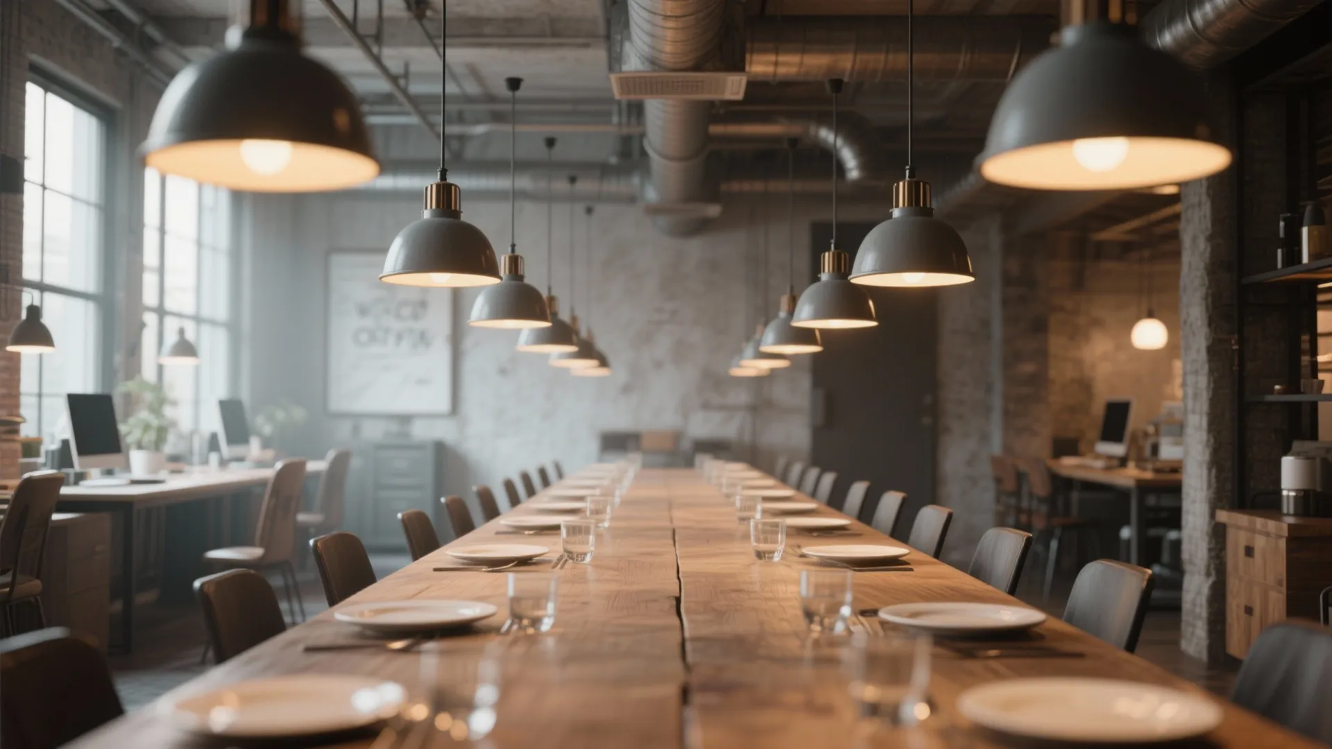 Long wooden dining table with plates and glasses under a row of grey ceiling lights