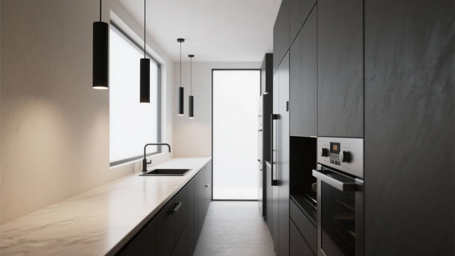2. A Row of Slim Black Pendants for Linear Counters