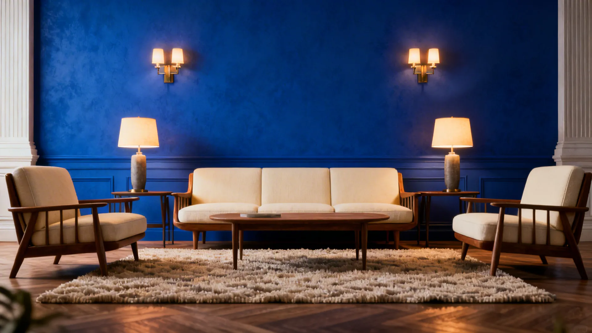 Living room with blue wall white sofa wooden coffee table rug and two gold wall lights