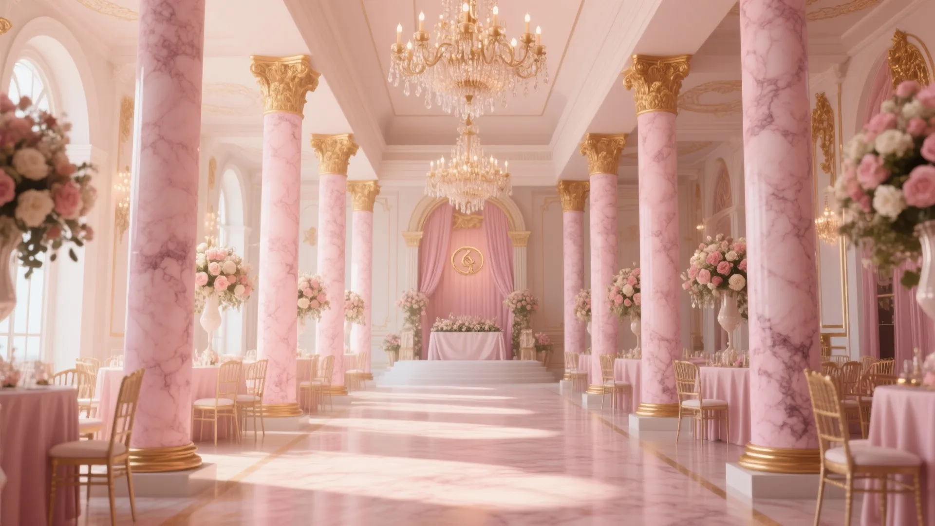 Grand wedding hall with pink marble and floral chandeliers