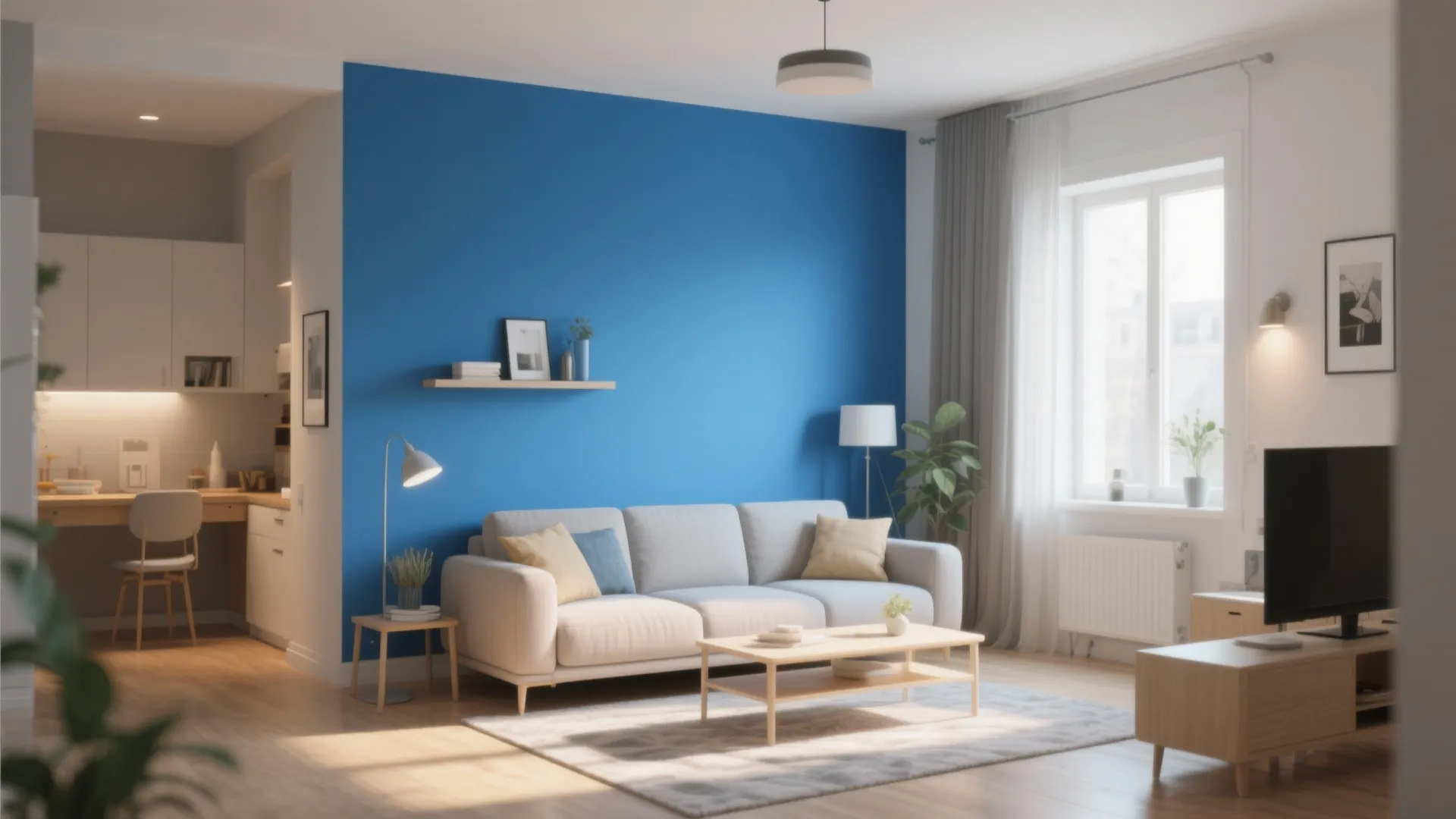 Living room featuring a bright blue wall with a beige sofa and wooden coffee table
