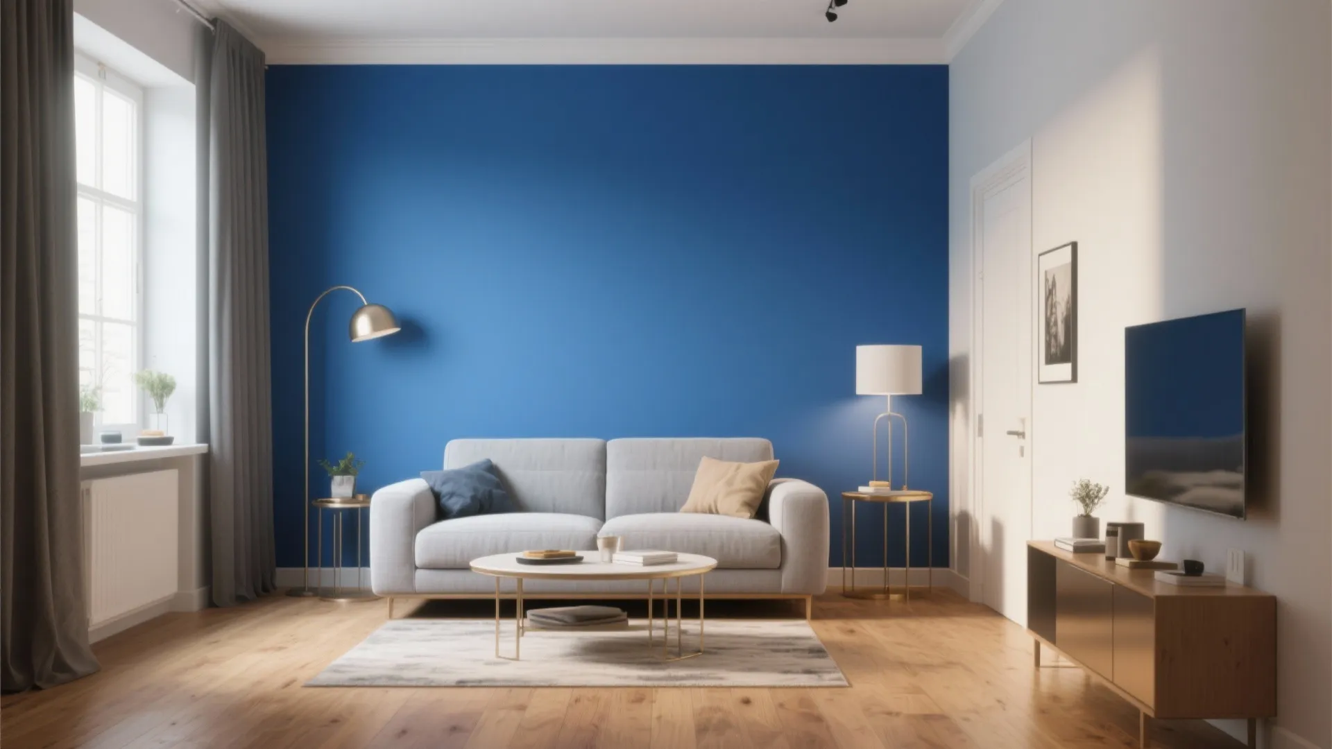 Living room featuring a blue wall grey sofa wooden floor television and gold floor lamp