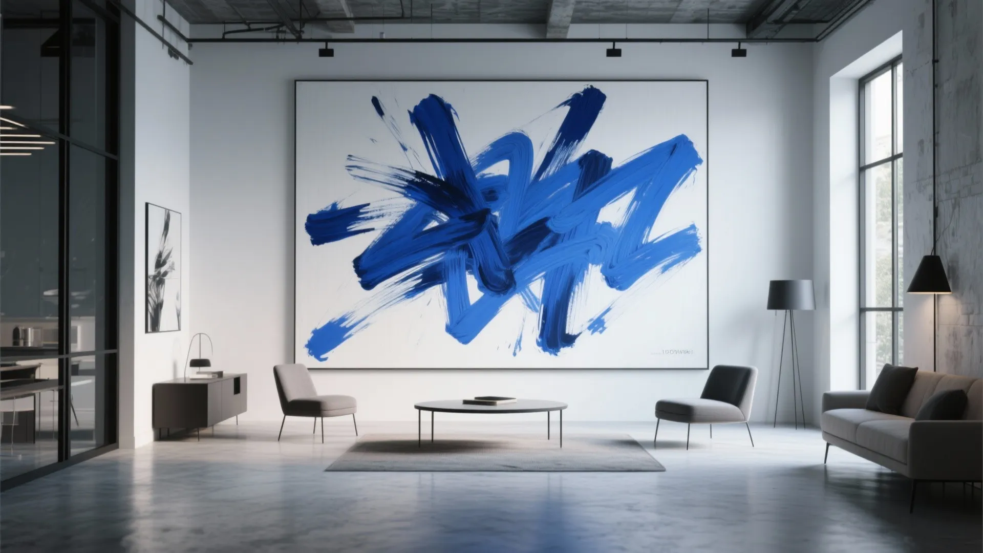 Minimalist room with a large blue abstract painting on the wall grey chairs and table