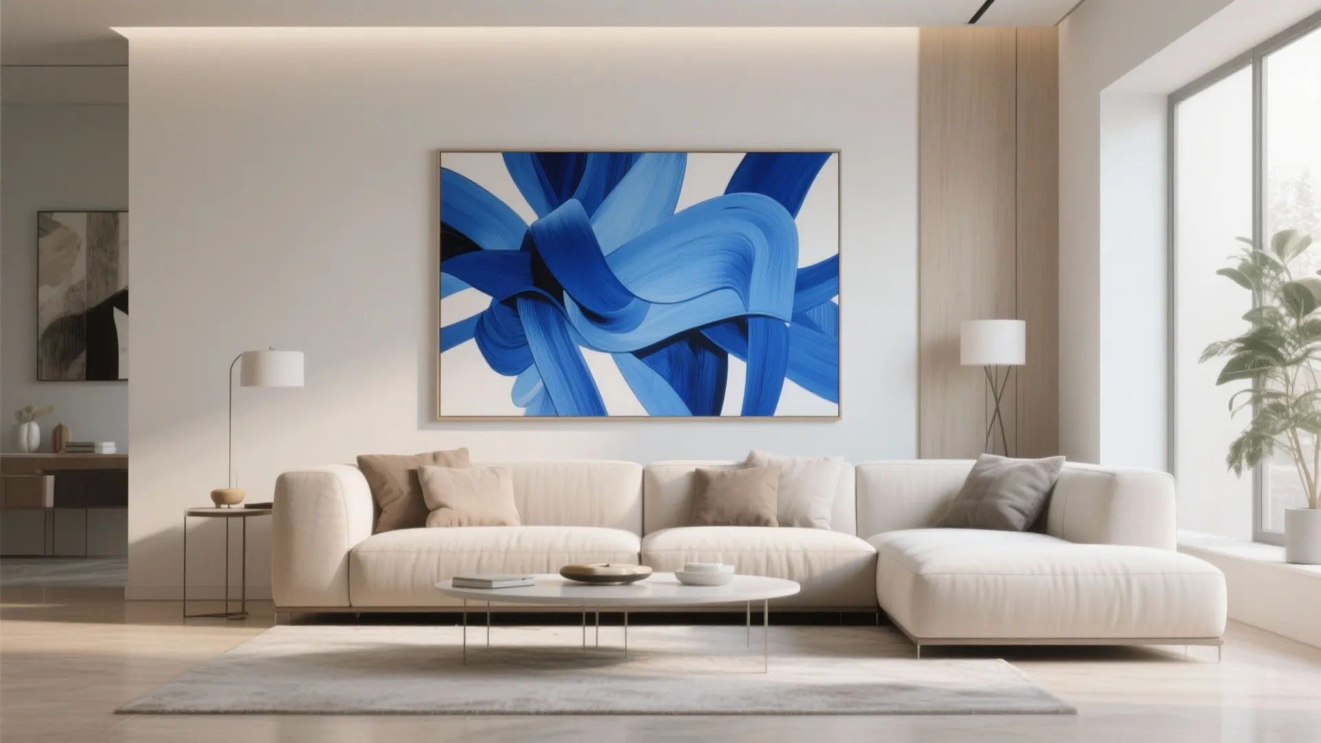 Modern living room featuring a large blue abstract wall painting above a white sectional sofa