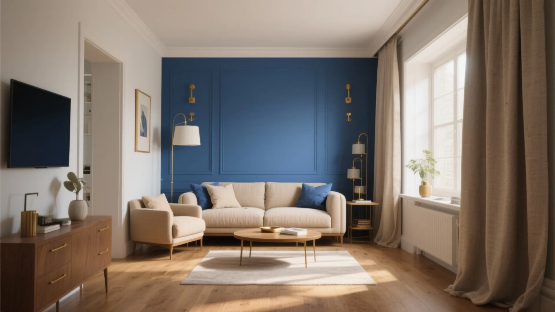 Modern living room with a blue wall panel behind a beige sofa and wooden floor design