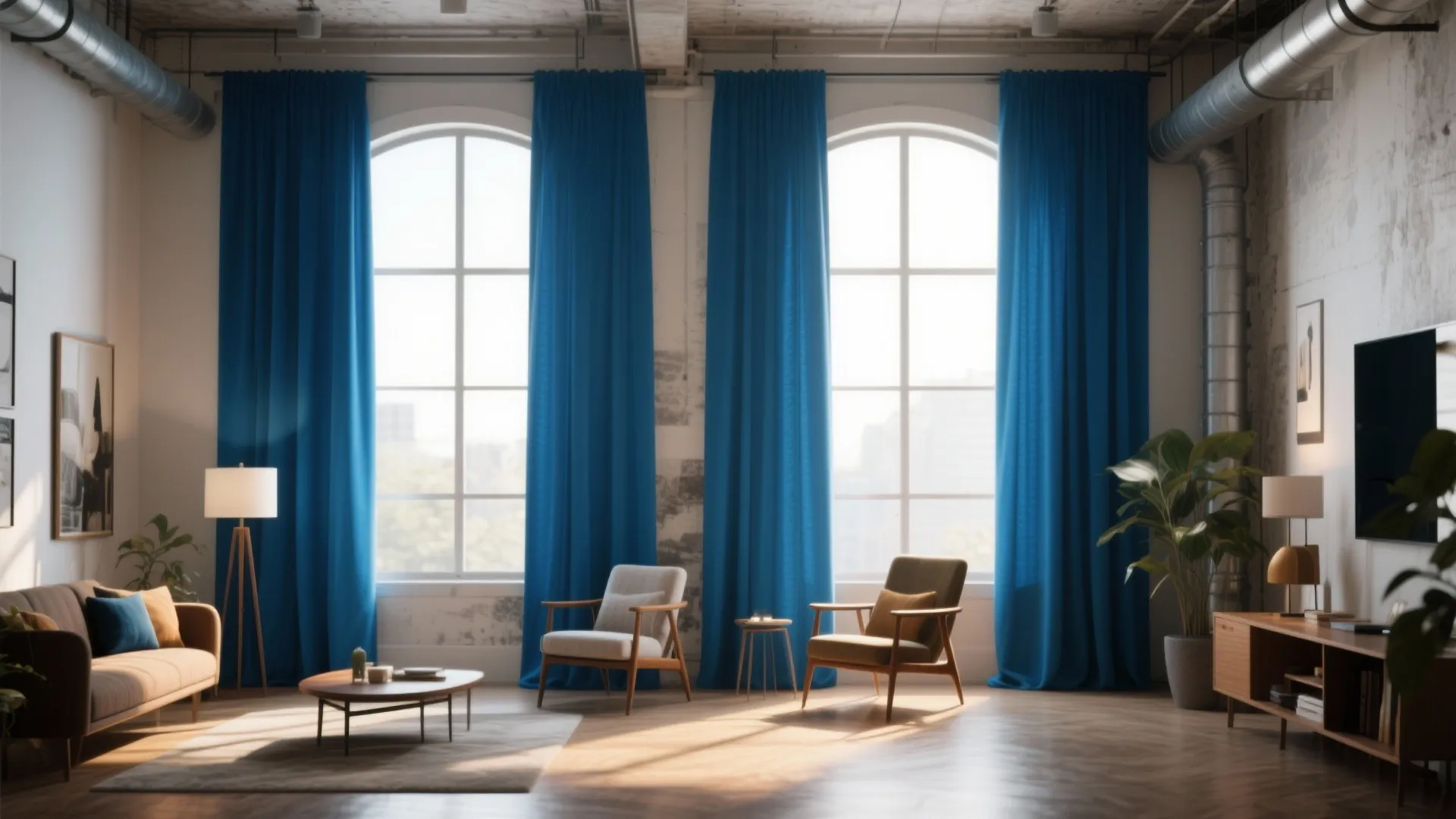 Industrial living room featuring tall windows with long royal blue curtains two chairs and sofa