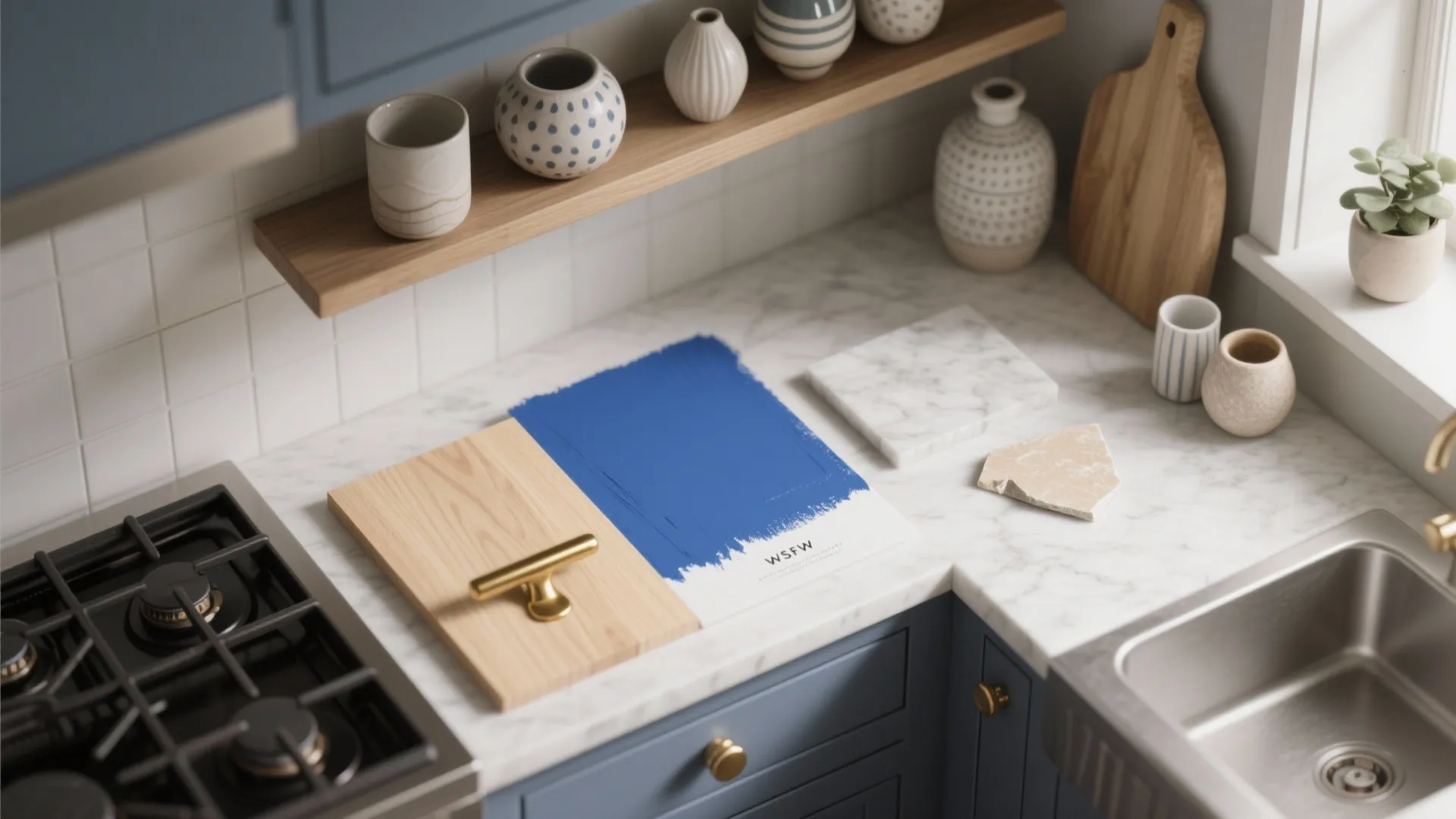Interior design mood board on marble counter showing blue paint sample and natural wood materials