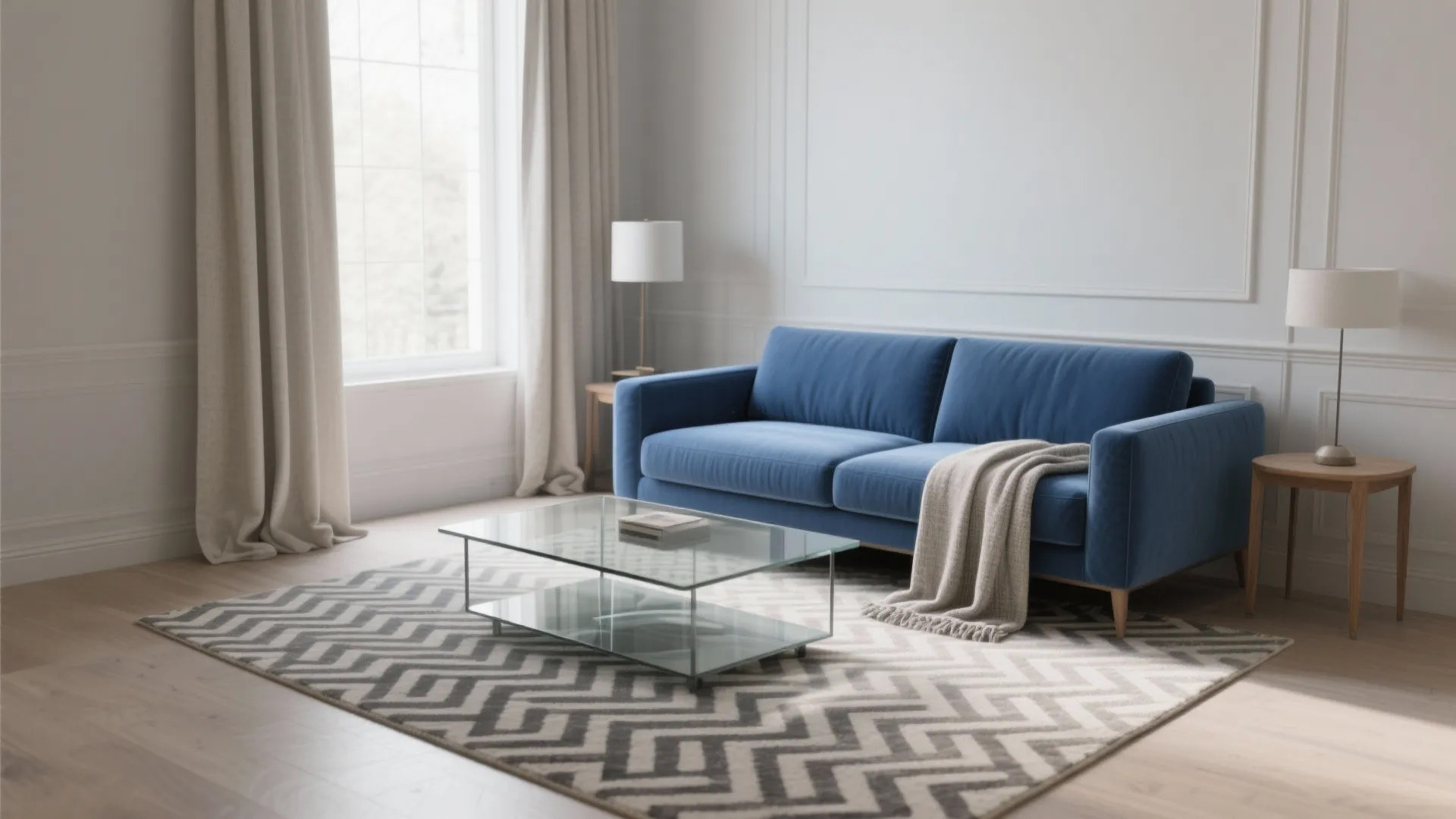 Modern living room featuring a blue sofa glass coffee table geometric rug and beige window curtains