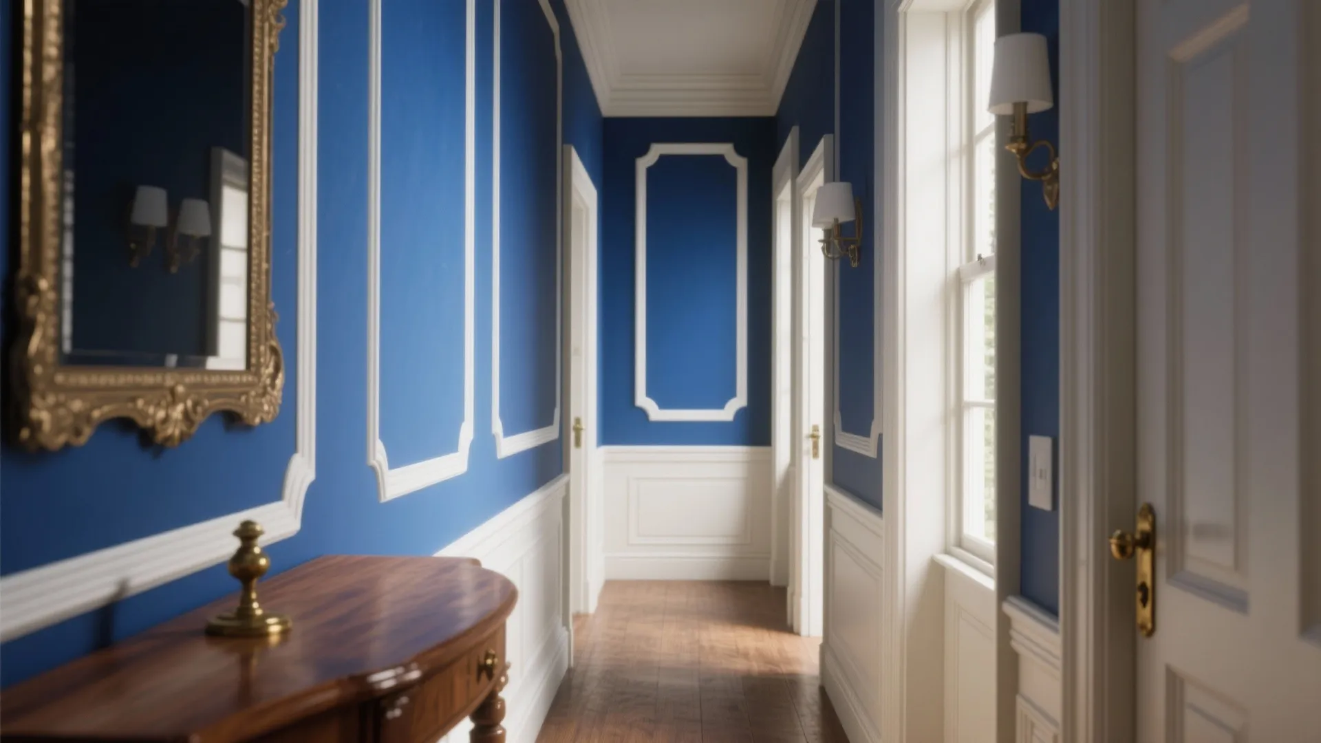 Elegant blue hallway with white wall panel wood floor wood cabinet wall light and gold mirror