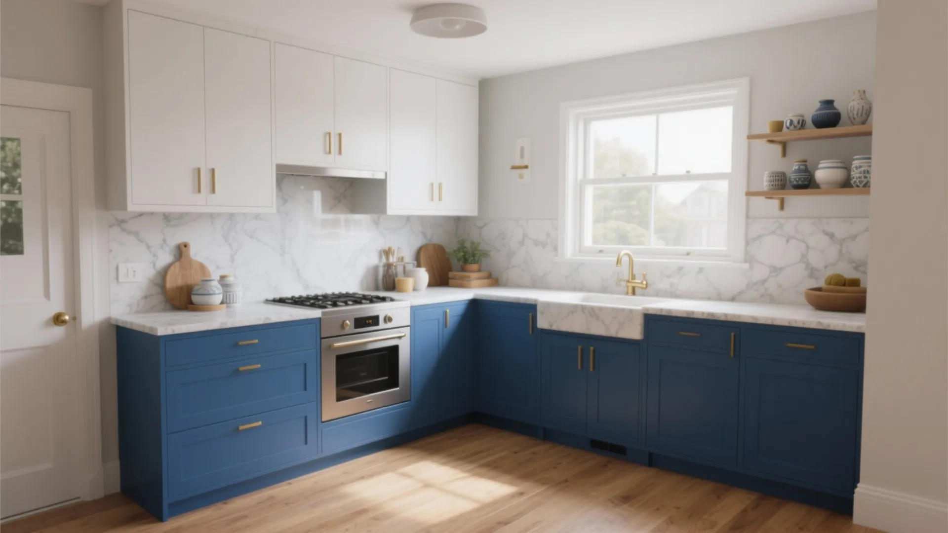 L-shaped kitchen featuring blue base cabinets white upper cabinets marble countertops wood floors and natural light