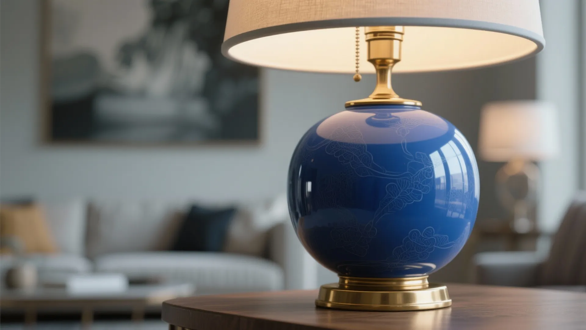 Table light with blue round base and gold metal details on a dark wooden table