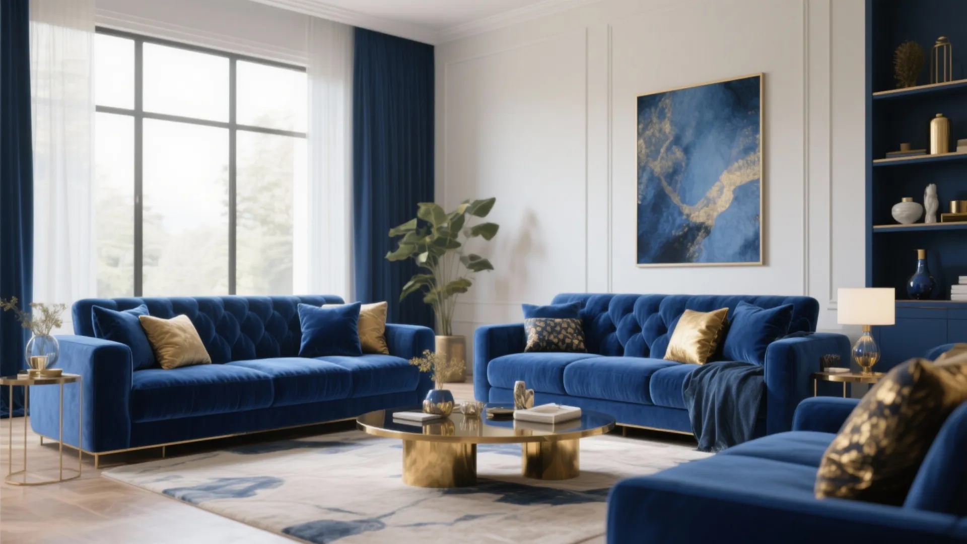 Royal blue living room with velvet sofas gold coffee table white rug and blue art
