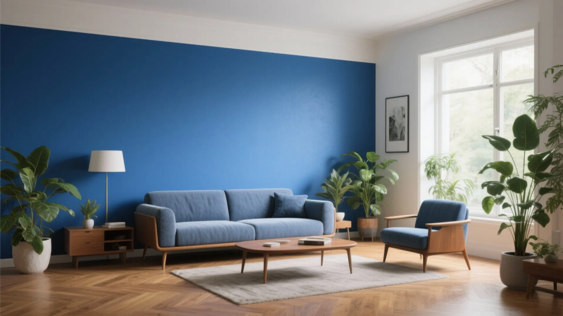 Modern living room with royal blue wall plus light blue sofa and large green indoor plants