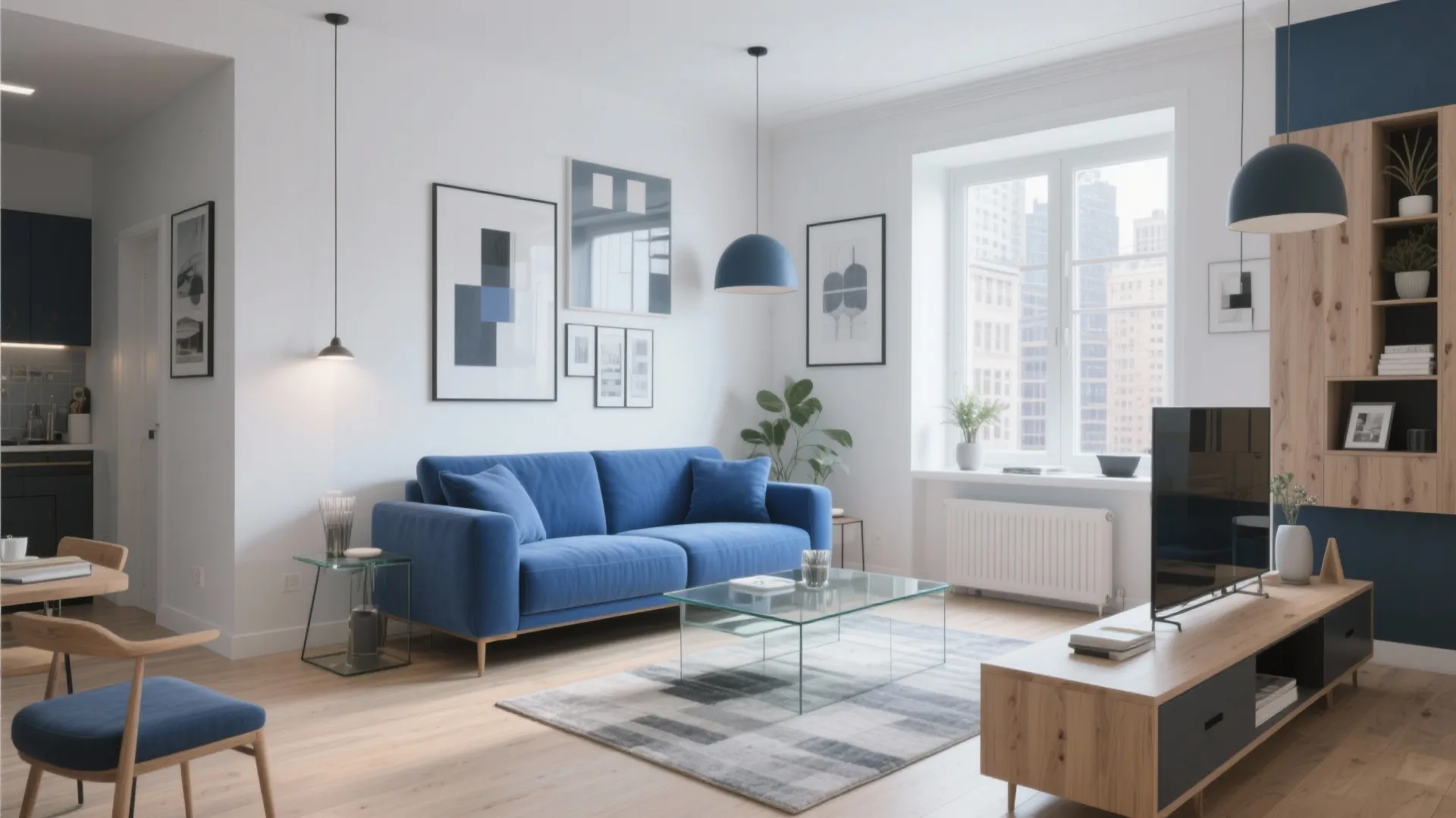 Modern white living room with blue sofa glass coffee table wooden cabinet and hanging ceiling lights