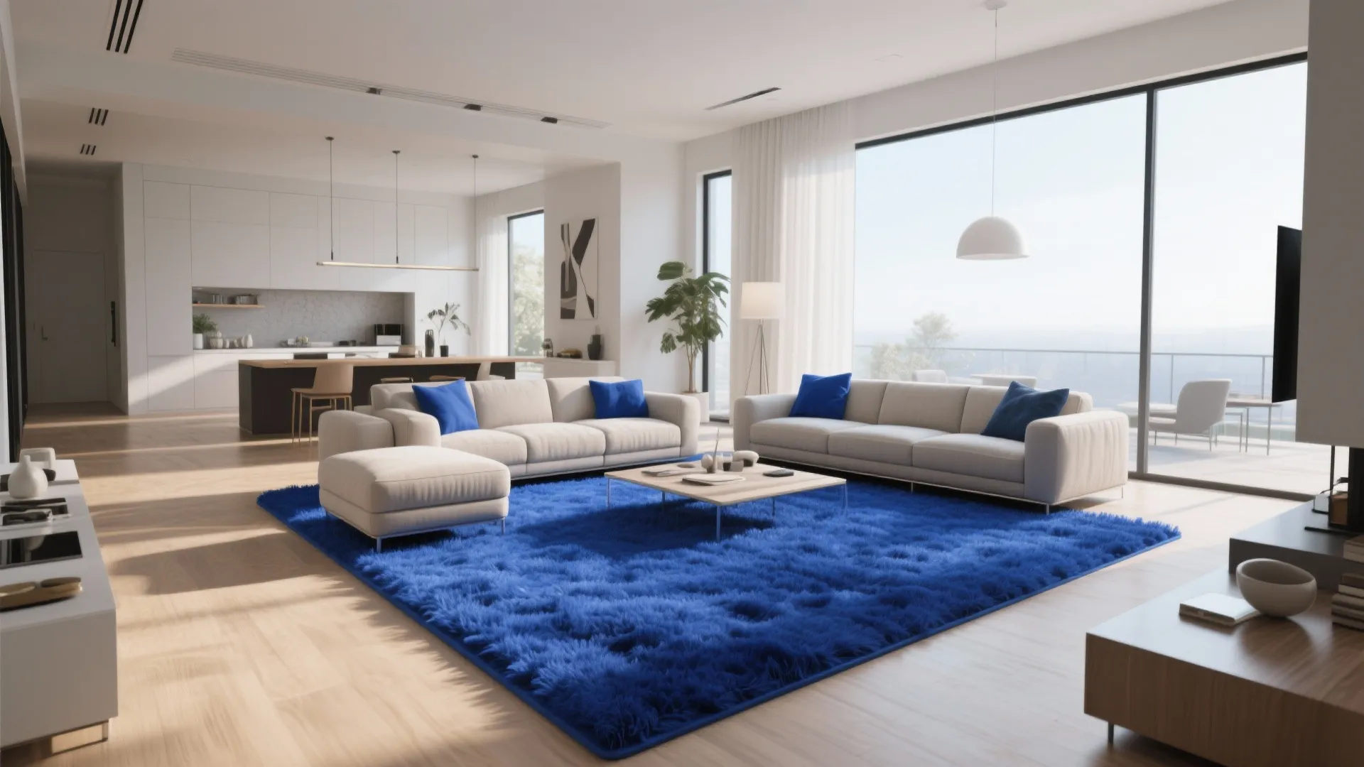 Modern living room with large royal blue rug white sofas wooden floor and natural light