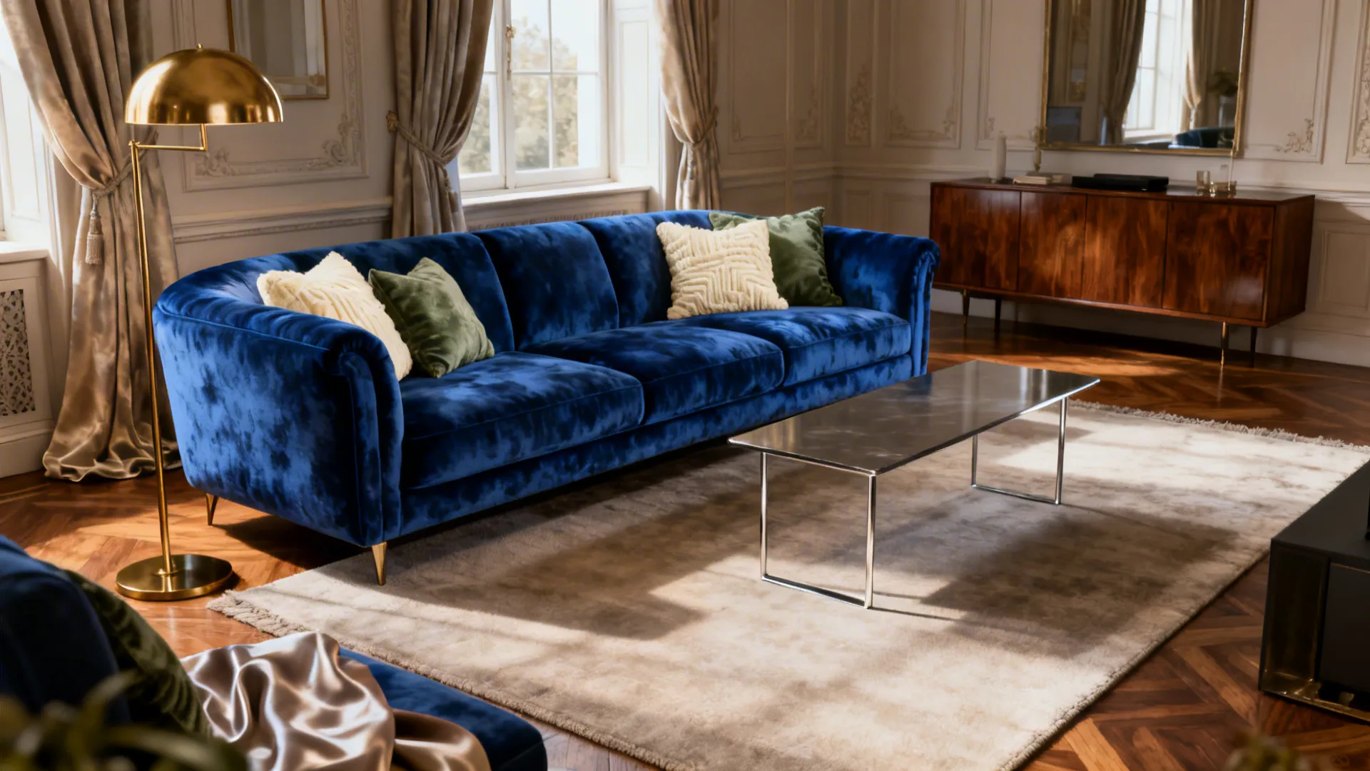 Elegant royal blue velvet sofa with cushions placed on a rug in a sunny classic room