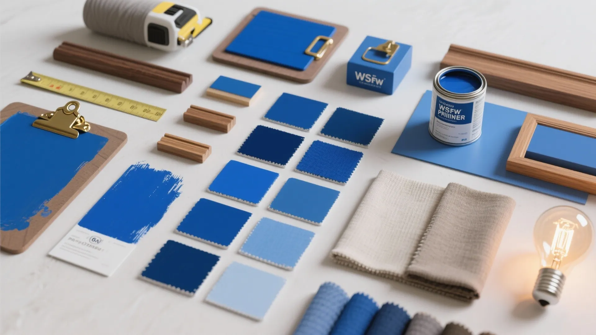Interior design mood board with blue color swatches plus paint can and various fabric samples