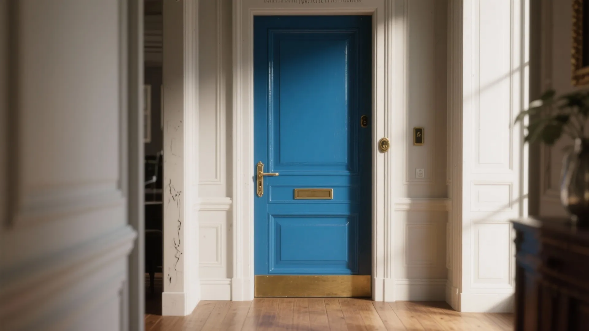 Bright blue wooden front door with a gold handle and mail slot in a white hallway
